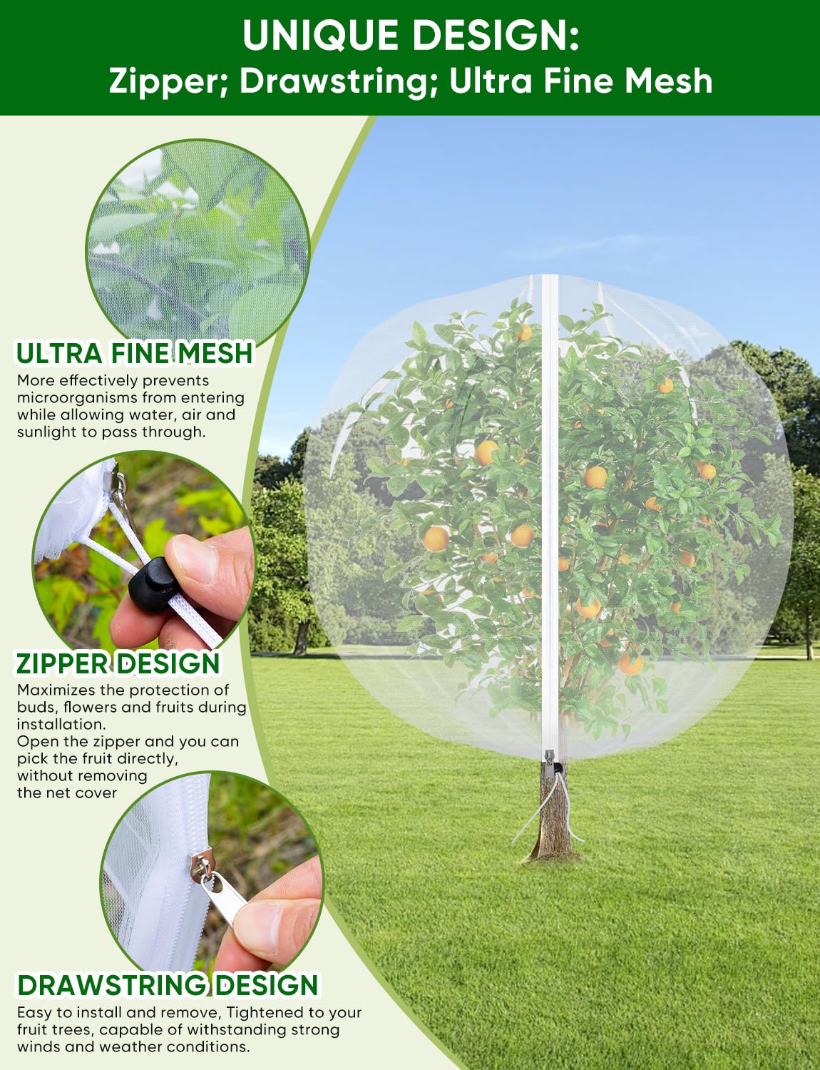 Fruit Tree Netting for Cicadas - with Zipper 4Pcs 5 x 4FT Garden Bird Netting for Blueberry Bushes with Drawstring,Insect Plant Protection Mesh Net Bags for Tomato,Cicada,Animals (4, 4 x 5 FT)