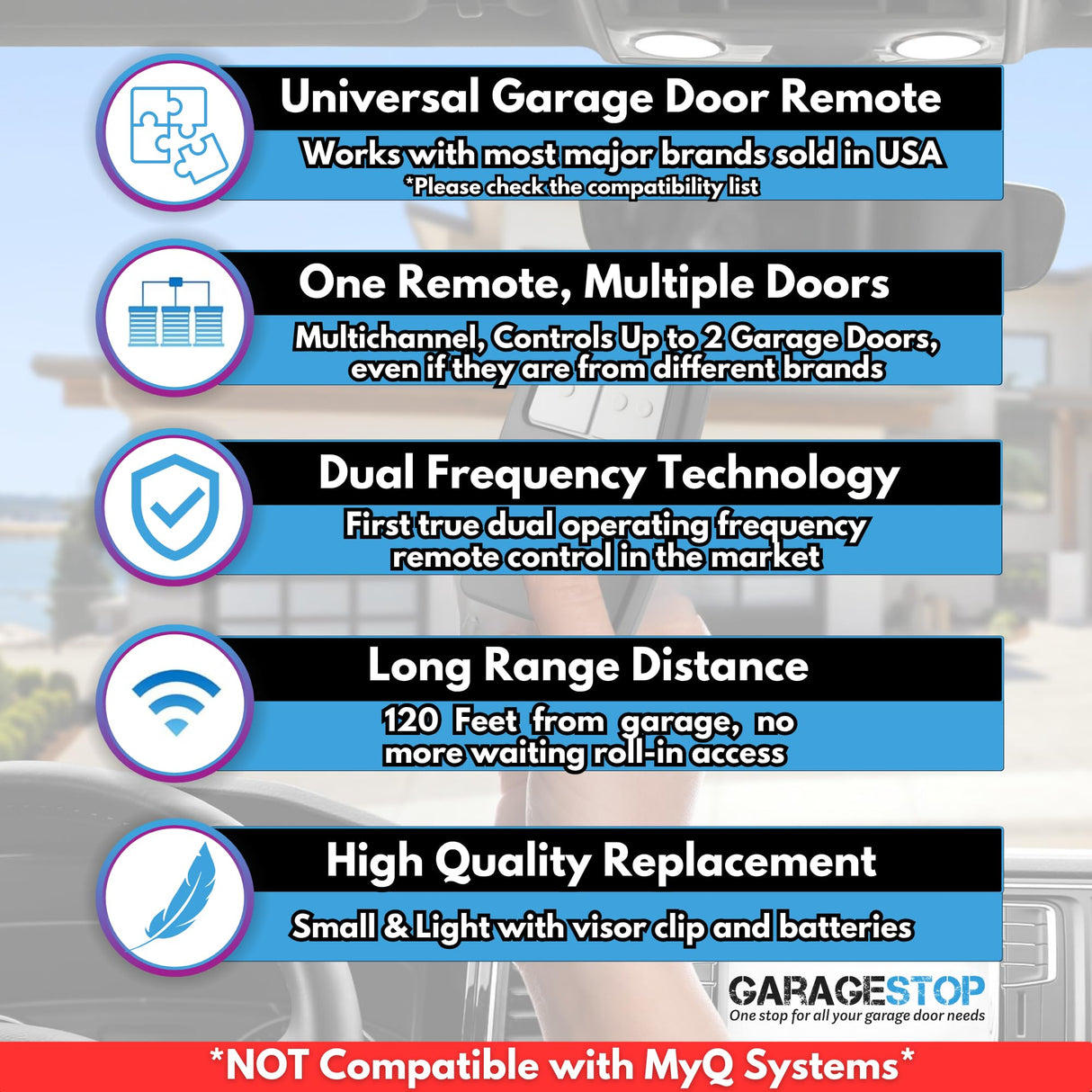 Universal Garage Door Opener Remote 2-Pack for LiftMaster Chamberlain Genie Linear, Replaces Clicker KLIK1U 375UT 375LM, 2-Button Garage Remote for 2 Doors/Gates, Learn Button & Dip Switch