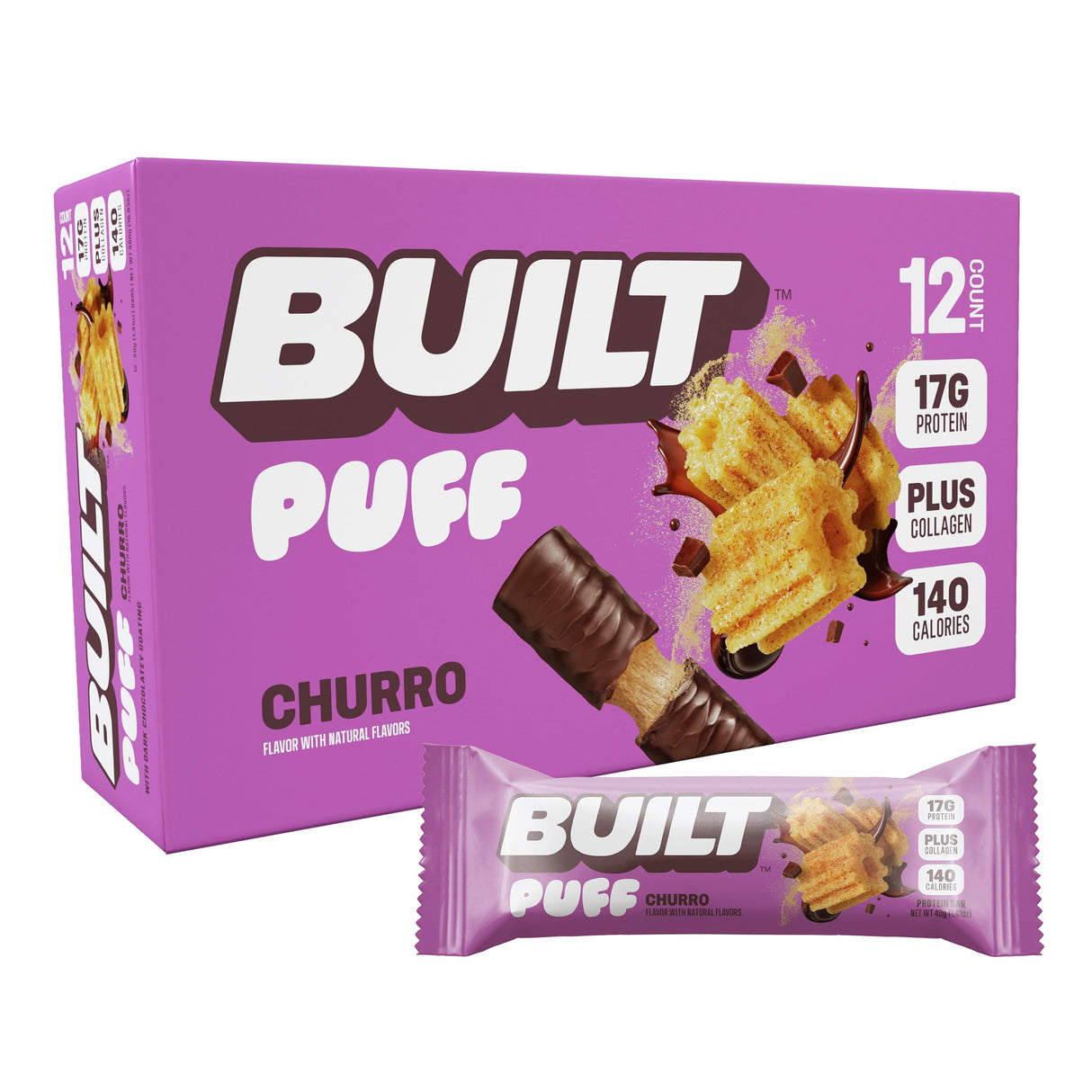 Built Bar, Puff Protein Bars, Churro Puff, 17g Protein Snacks, On-The-Go Bars, Only 140 Calories & 6g Sugar, Collagen, Gluten Free, 12 Count