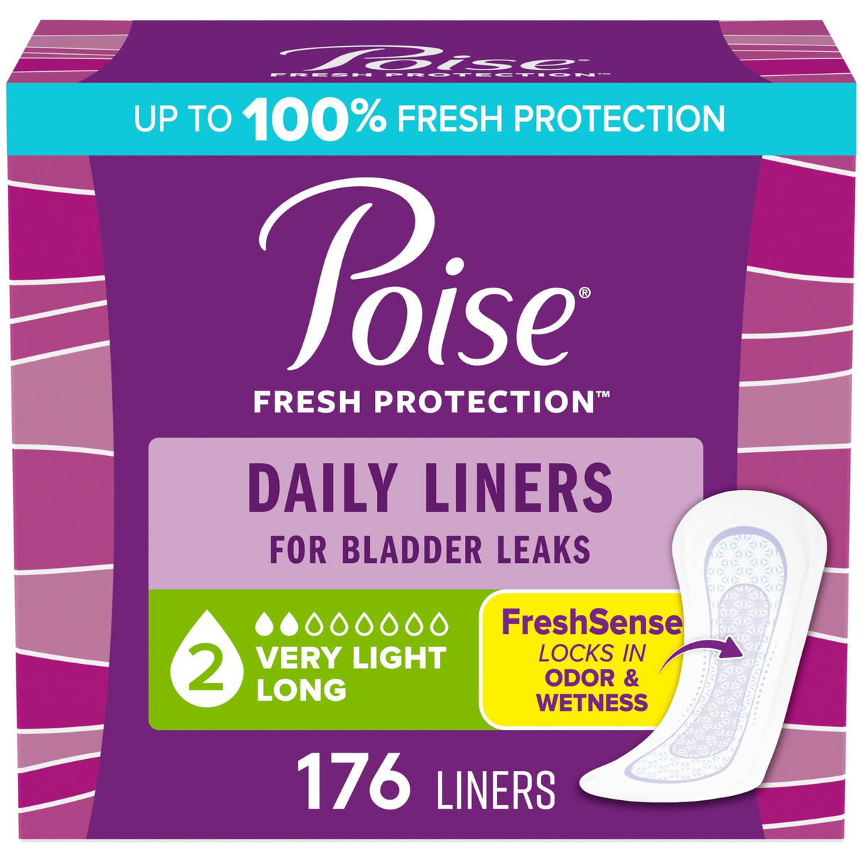 Poise Daily Liners, Incontinence Panty Liners, 2 Drop Very Light Absorbency, Long Length, 176 Count of Pantiliners (4 Packs of 44), Packaging May Vary