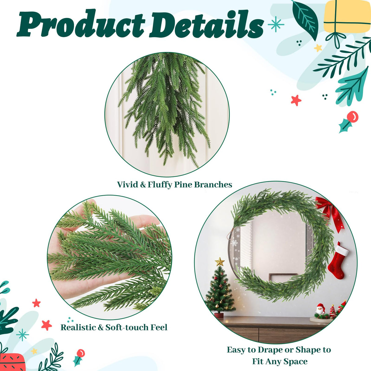 TOWPONICS 12FT(2 * 6FT) Christmas Norfolk Pine Garland, Real Touch Faux Green Garlands, Winter Artificial Greenery Garland for Mantle, Stairs, Table, Fireplace, Indoor & Outdoor Xmas Decorations
