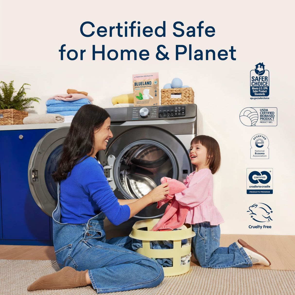 BLUELAND Laundry Essentials Kit, Plastic-Free Laundry Detergent Tablets, Oxi Booster, and Reuseable Natural Wool Dryer Balls, Fragrance Free and Clear