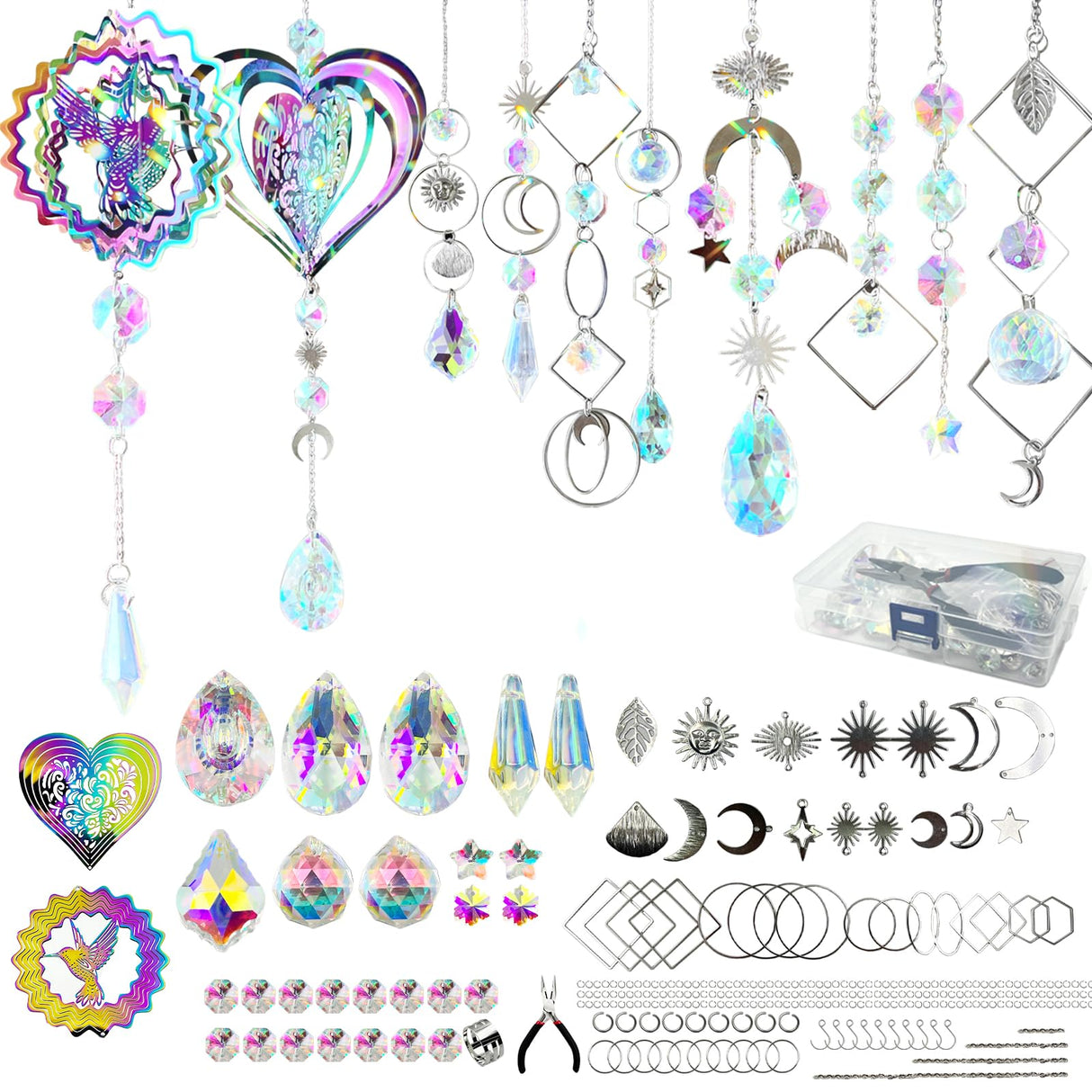 SNAIL GARDEN 202PCS Crystal Suncatcher Kit with 3D Wind Spinners,DIY Suncatcher Kits for Adults,Rainbow Window Prism Hanging Crystals,Colorful Ornament Pendant Window Charms for Garden,Car,Bedroom