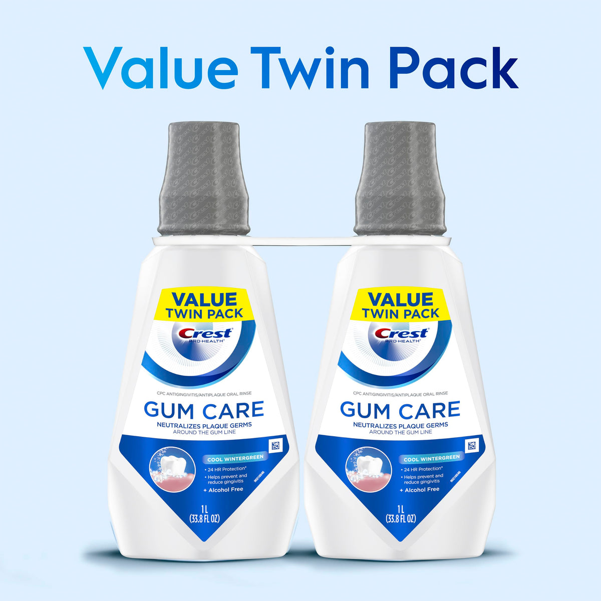 Crest Gum Care Alcohol Free Mouthwash, Cool Wintergreen, Value Twin Pack, 2 x 1L (33.8 fl oz) Bottles, Helps Prevent & Reduce Gingivitis, Neutralizes Plaque Around the Gum Line, No Burn Oral Rinse
