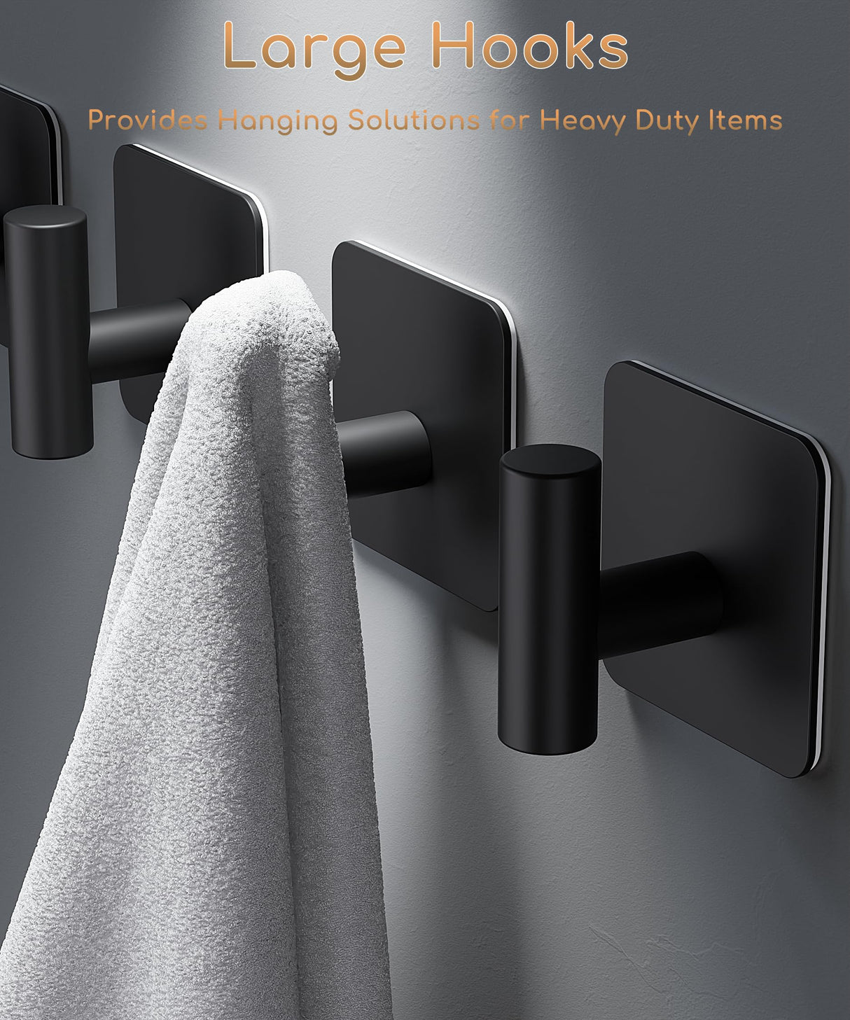 Aikzik 4 Pack Large Heavy Duty Wall Hooks - 26lb Max, Stainless Steel Adhesive Towel Hook, Shower Hooks for Hanging Towel, Coat, Robe, Wall Hook for Use in Bathroom, Kitchen and Door, Matte Black