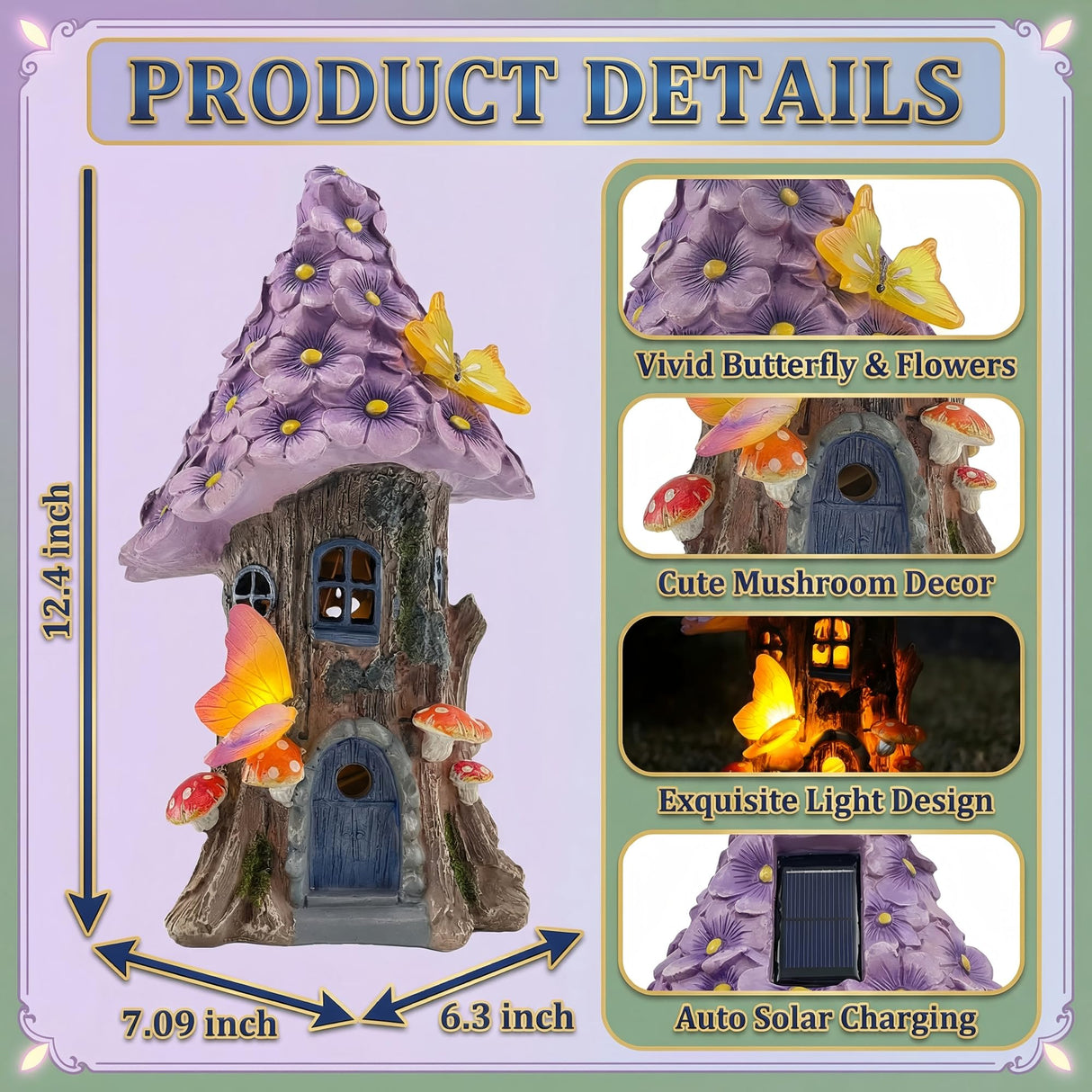 COWOS Mushroom House Statue, Garden Decor Outdoor Solar Statues, Solar Garden Statue Lights, Fairy Garden Decorations, Mushroom Fairy House Figurine with Butterflies and Flowers for Yard Decor