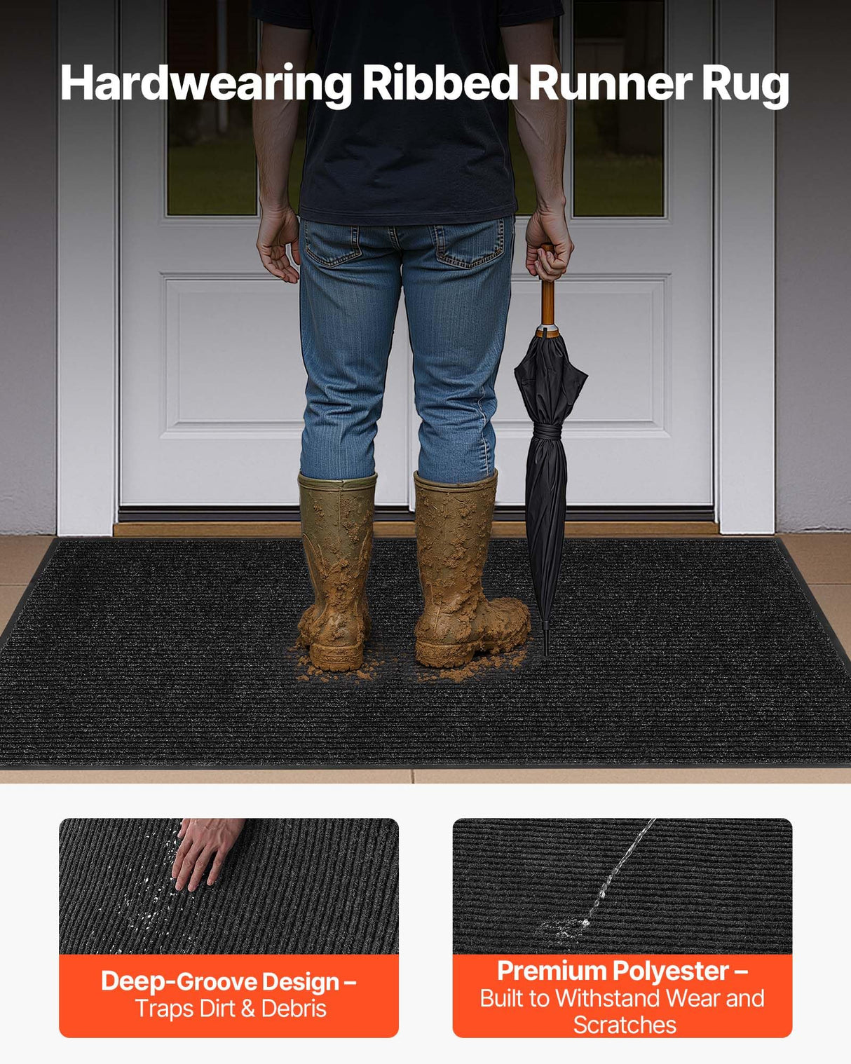 VEVOR Front Door Mat, 5 x 3 ft Commercial Floor Mat for Indoor and Outdoor, Stylish Striped Industrial Carpet with PVC Backing, Heavy Duty Washable Entry Rug for Hallway, Balcony, Garage, Grey