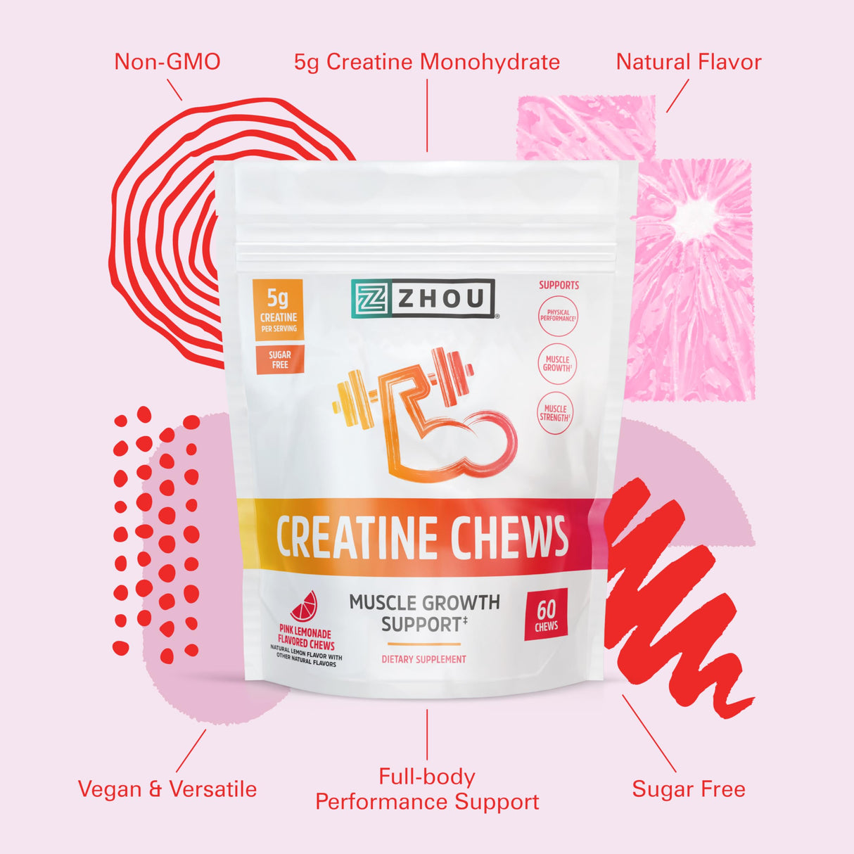 Zhou Nutrition Creatine Monohydrate Chewables 5g for Men & Women, Sugar Free, Organic, Non GMO, Pink Lemonade, 60 Creatine Gummies
