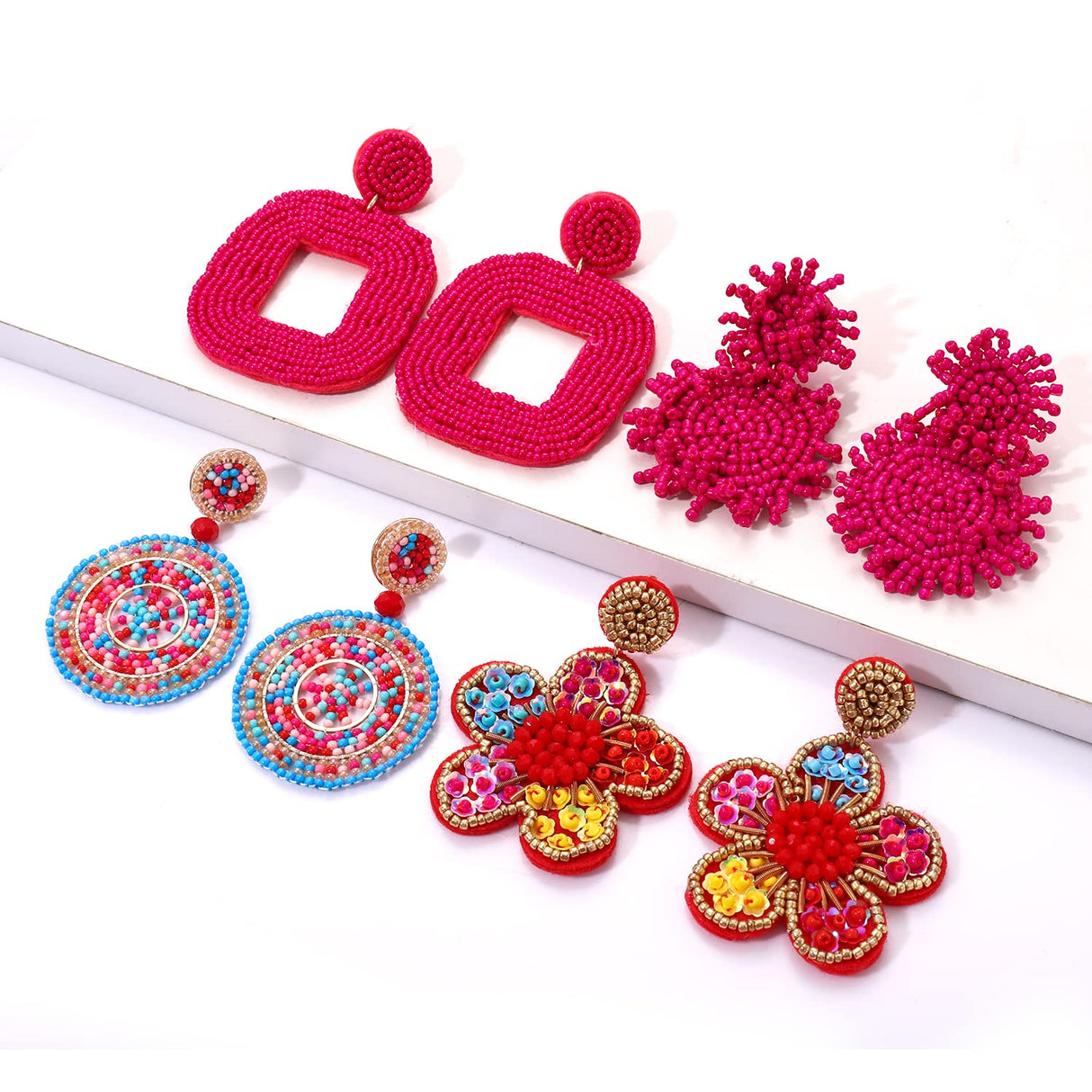 4 Pairs Beaded Earrings for Women Boho Geometric Beaded Dangle Earrings Statement Pineapple Flower Drop Earrings Colorful Summer Earrings Set Jewelry Gift (Style C)