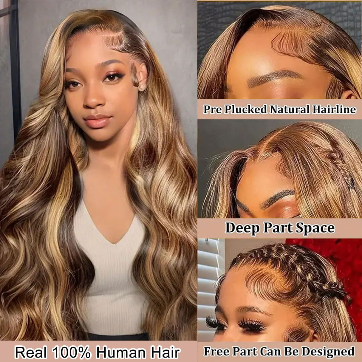 Agairl Real Human Hair Wig 30 Inch Ombre 13x6 Lace Front Wig Human Hair 210% Density 4/27 Highlight Wigs Honey Blonde Body Wave Lace Front Wig Pre Plucked HD Frontal wig Glueless Wigs