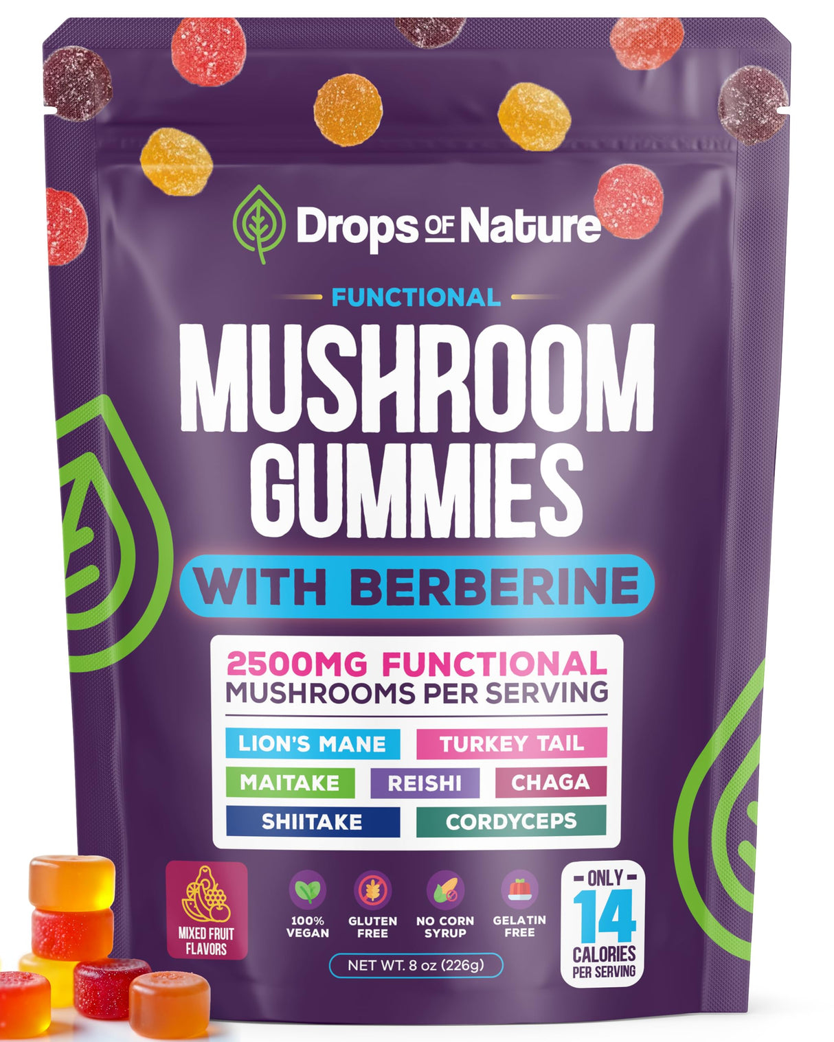 Mushroom Gummies & Berberine Supplement - Lion's Mane, Turkey Tail, Maitake, Reishi, Chaga, Shiitake & Cordyceps - Organic Mushroom Supplement - Boosts Focus & Immune System (Mixed Fruits, 60 Gummies)
