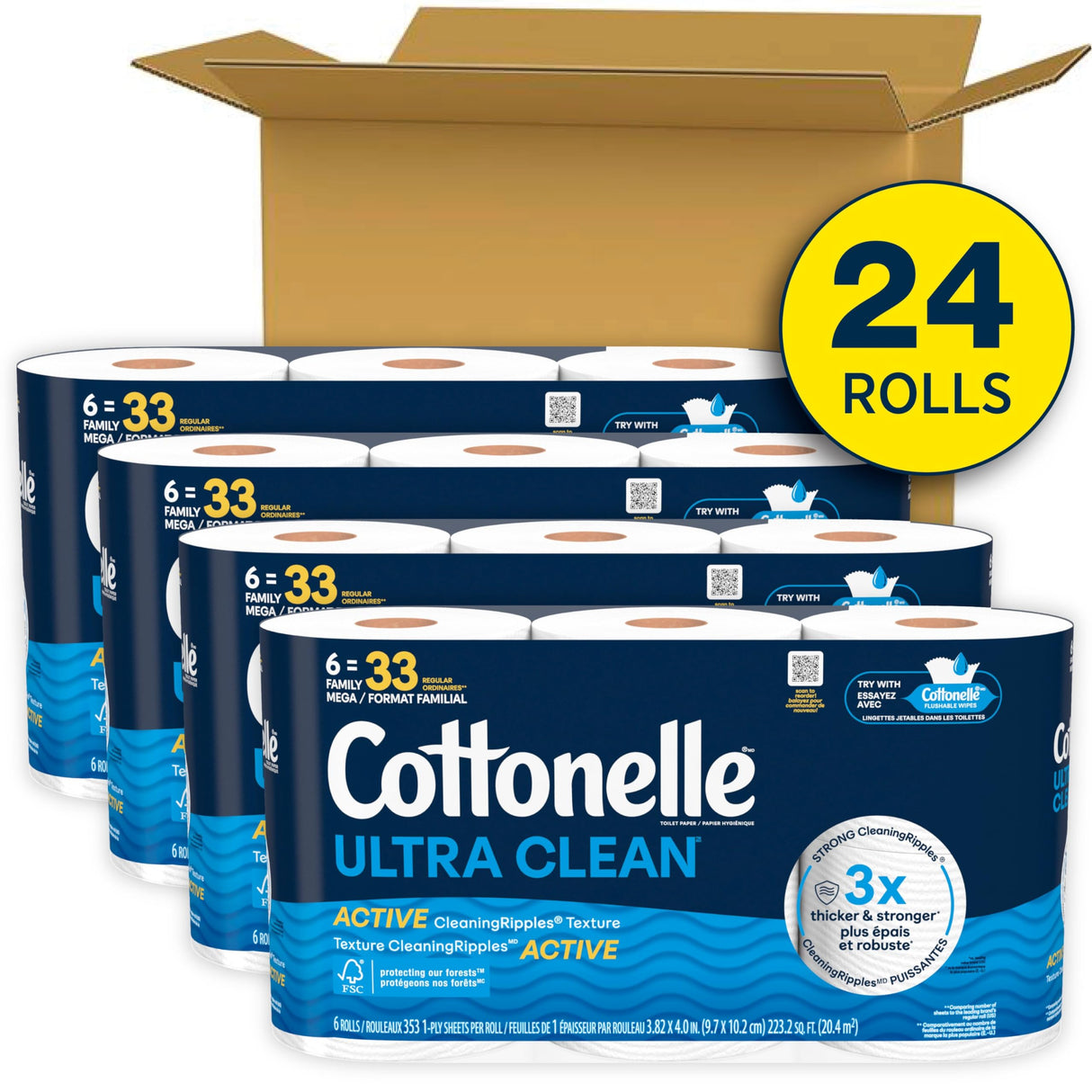Cottonelle Ultra Clean Toilet Paper with Active CleaningRipples Texture, Strong Bath Tissue, 24 Family Mega Rolls = 132 Regular Rolls (4 Packs of 6)