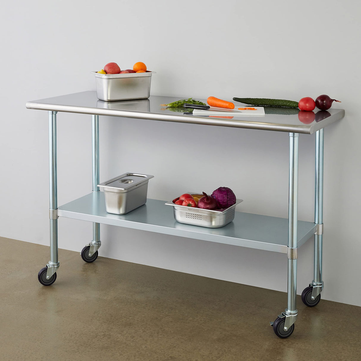 ROCKPOINT Stainless Steel Table for Prep & Work with Caster Wheels 24x60 Inches, NSF Metal Commercial Kitchen Heavy Duty Table with Adjustable Under Shelf and Table Foot for Restaurant, Home and Hotel