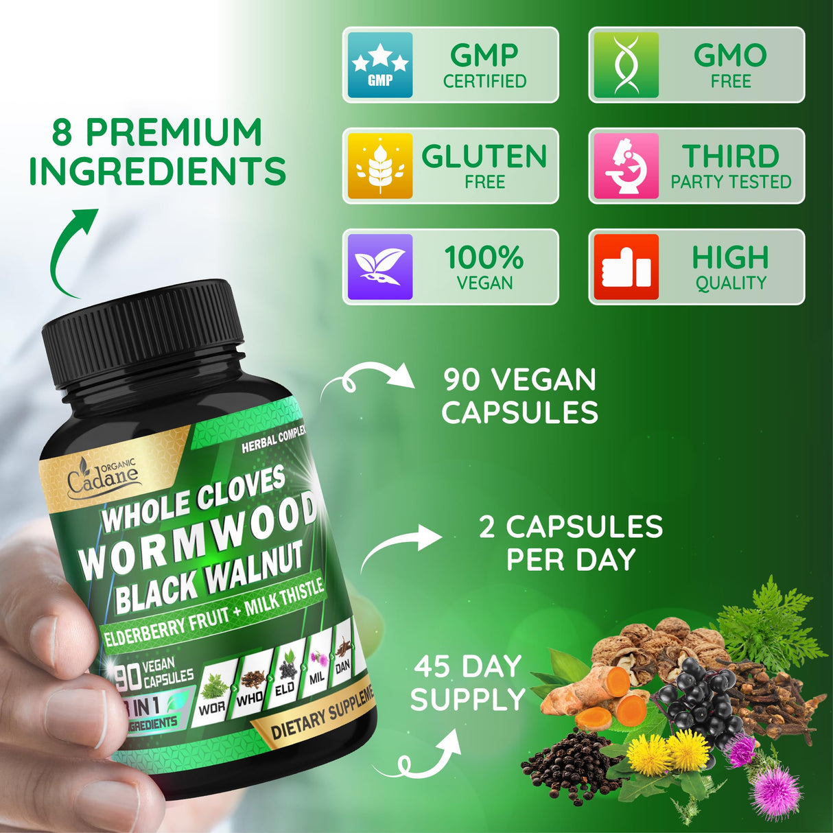 Organic Cadane Wormwood, Whole Cloves & Black Walnut Blend with Elderberry & Milk Thistle – Botanical Herbal Formula – Non-GMO, Vegan – 90 Capsules (45-Day Supply)