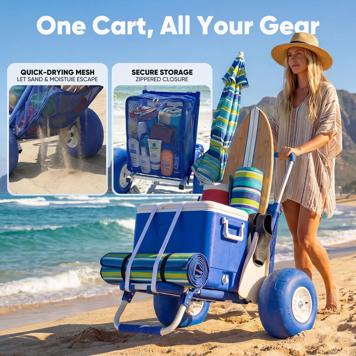 Sekey Beach Wagon with 12" Big Wheels for Sand, Heavy Duty Collapsible Beach Cart with Balloon Tires, Foldable Utility Sand Wagon for Outdoor Camping, Fishing & Groceries. Blue