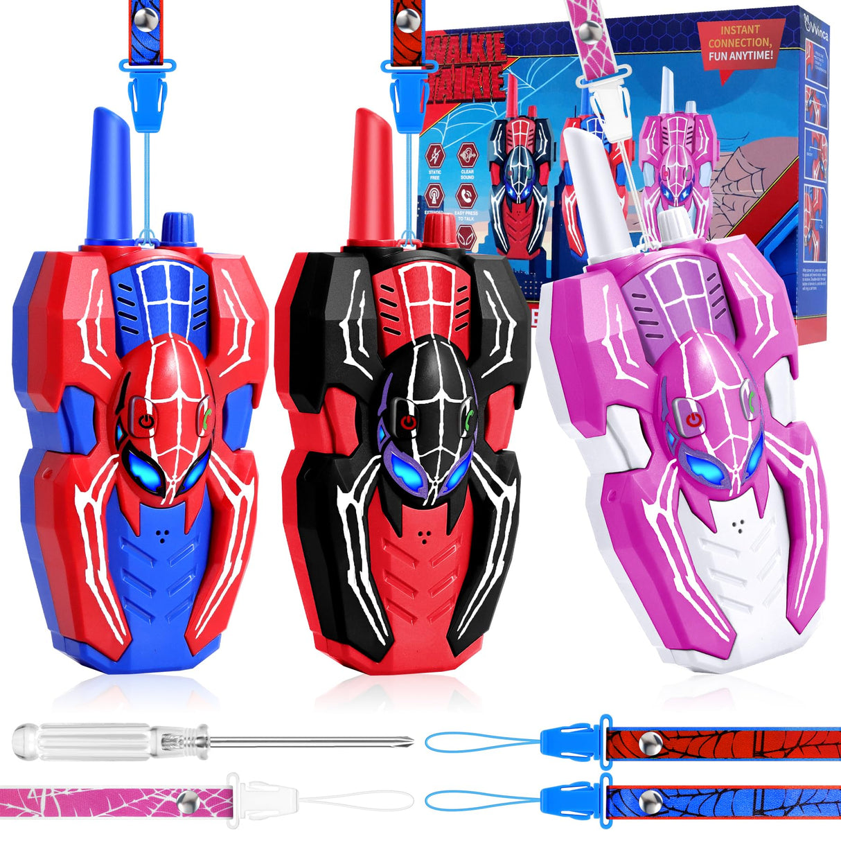 Vvinca Spider Walkie Talkies for Kids Toys Ages 3 4 5 6 7 8 9 10 Boys Girls 3 Pack Superhero Toys Lanyard Long Range Clear Sound Outdoor Game Camping Gear Spy Gadgets & Easter Christmas Birthday Gifts