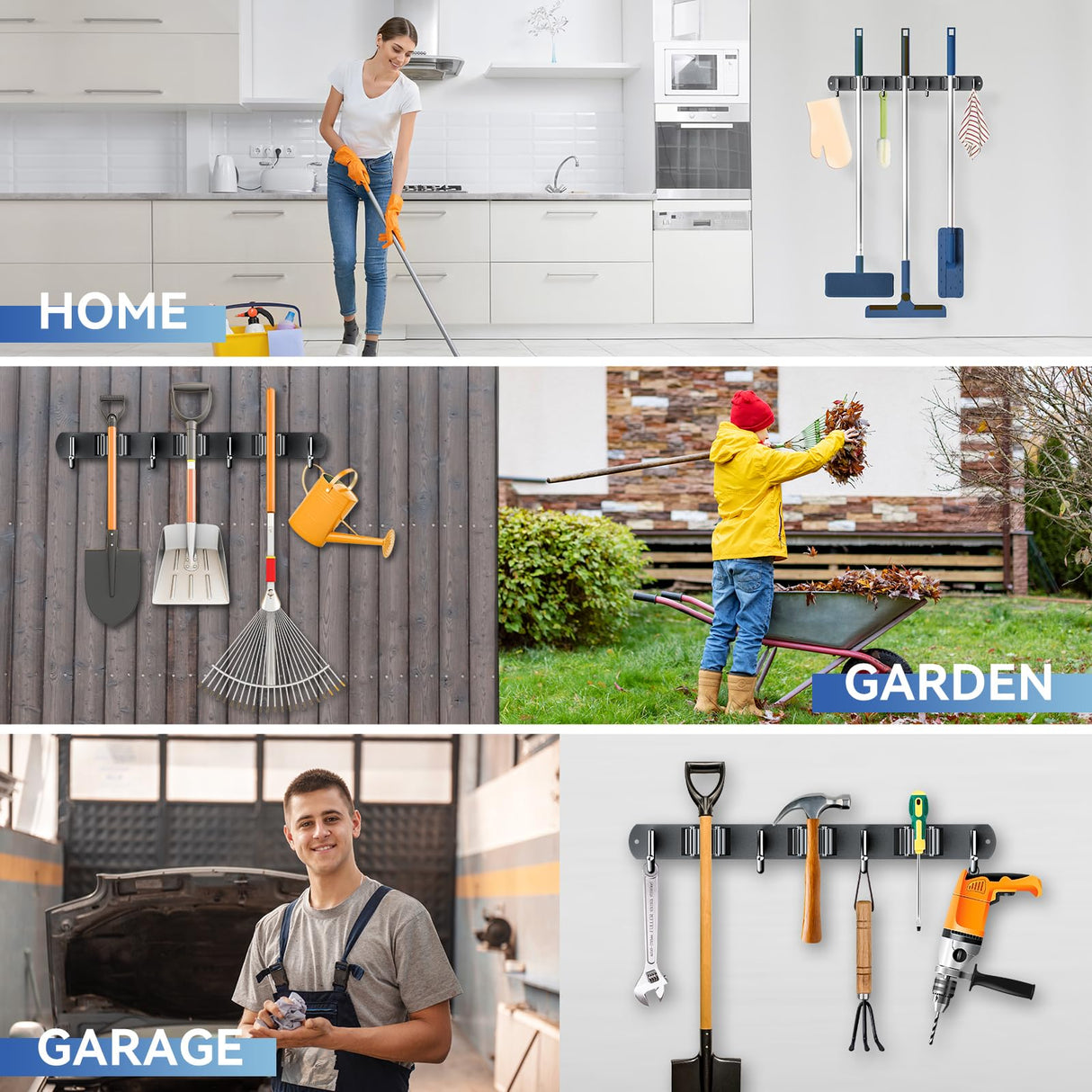 ZONGOOL 2 Pack 3 Racks and 4 Hooks Mop and Broom Holder Wall Mount, Heavy Duty Broom Hanger Organizer Storage Tool Racks Stainless Steel Self Adhesive Wall Hanger for Kitchen Garden Laundry Garage