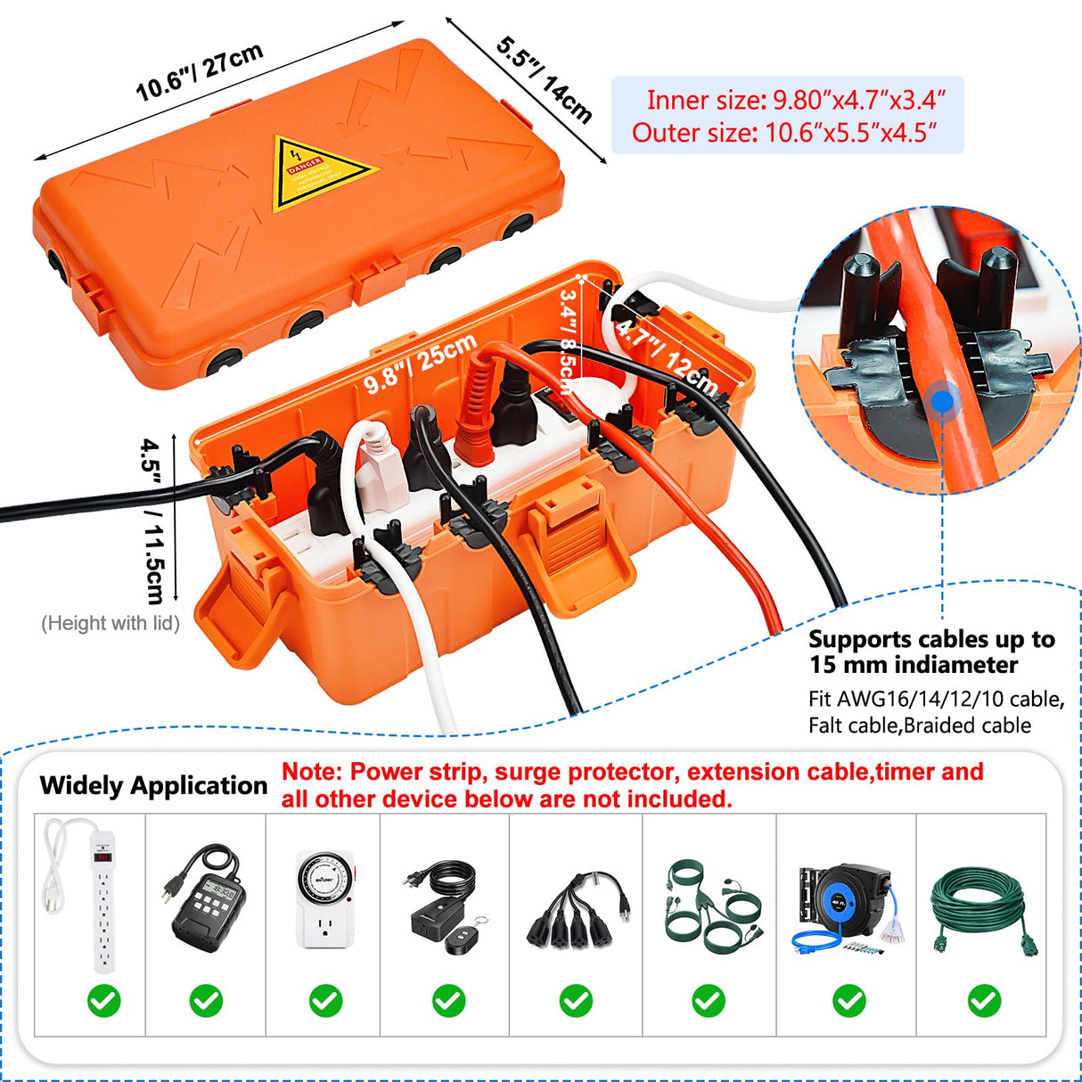Hrensaw Medium Outdoor Electrical Box(10.6x5.5x4.5inch),Weatherproof Connection Box w/6 Cable Entry,IP54 Waterproof Extension Cord Cover Protect Power Strip,Timer,Plug,Holiday Lights,Orange