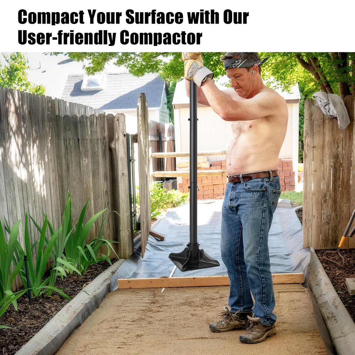 Steel Tamper Tool, Heavy Duty Garden Ground Steel Tamper Tool Kit Long Handle 58 Inch, 8x8” Square Dirt Hand Tamper Landscaping Garden Tools for Leaving Soil, Sand, Gravel, Asphalt, Driveway