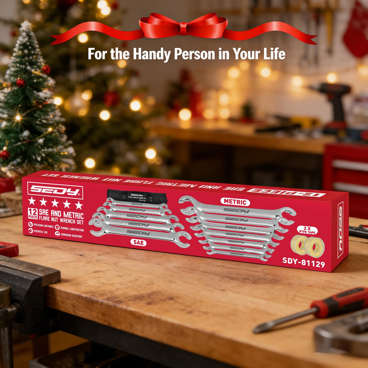 SEDY 14-Piece Flare Nut Wrench Set with PTFE Tape, Metric & SAE Brake Line Wrench Offset 1/4"-7/8"& 9-21mm Set Double Open End with Organizer Pouch for Repairing and Removing Nuts