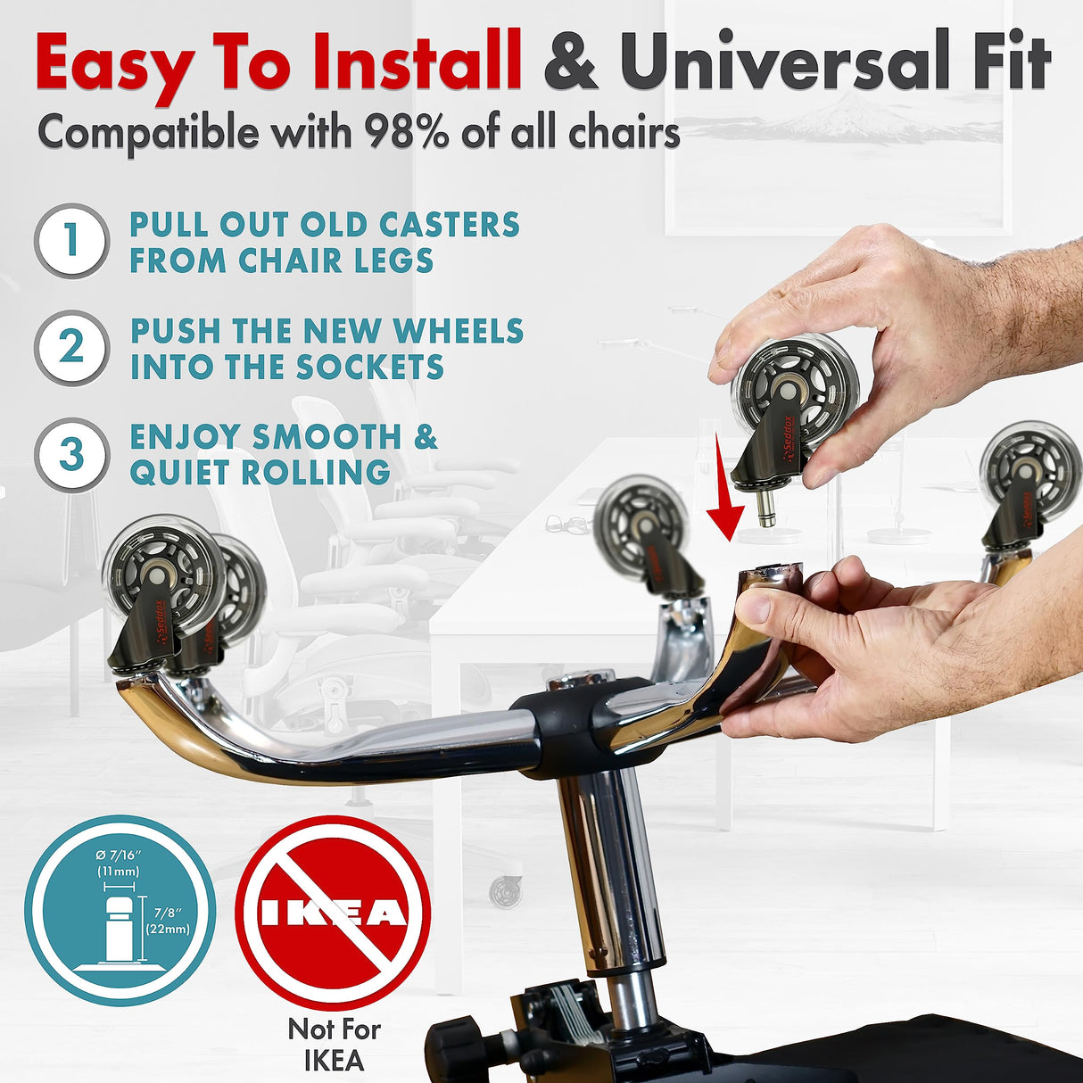 SEDDOX Office Chair Wheels Replacement Set of 5 - Desk Chair Casters for Hardwood & Carpet - Heavy Duty & Safe for All Floors - Universal Fit for Most Computer Gaming & Office Chairs - 3 Inch