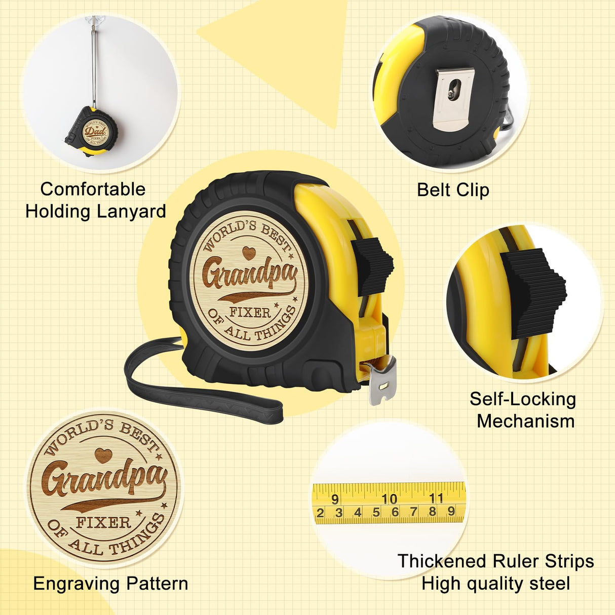 YUEYUQIU Fathers Day Grandpa Gifts from Granddaughter Grandson - Ideal Father's Day Birthday Grandparents Day Gifts for Grandpa Grandfather from Grandkids - Funny Engraved Tape Measure 25 FT Ideas