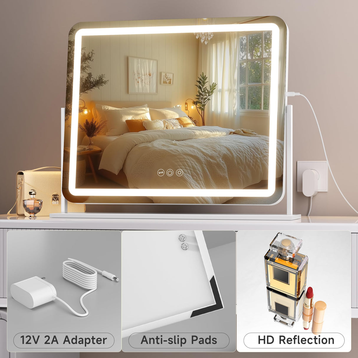 Hasipu Vanity Mirror with Lights, 22" x 18" LED Makeup Mirror, Light up Mirror with Smart Touch 3 Colors Dimmable, Brightness Adjustment, 360ยฐ Rotation (White)