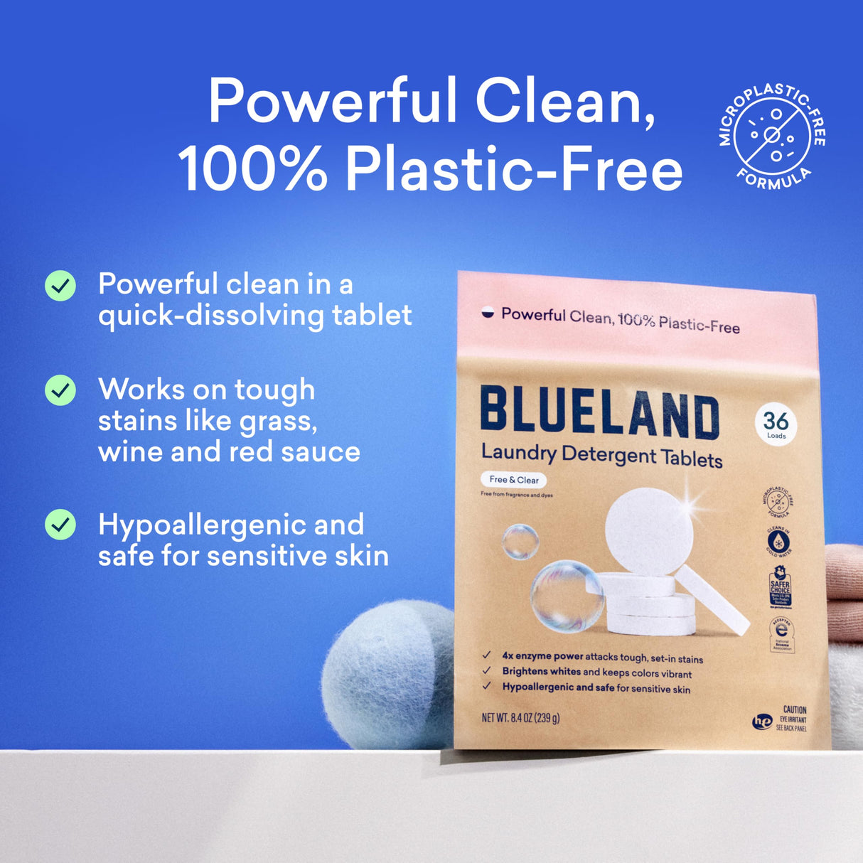 BLUELAND Laundry Essentials Kit, Plastic-Free Laundry Detergent Tablets, Oxi Booster, and Reuseable Natural Wool Dryer Balls, Fragrance Free and Clear