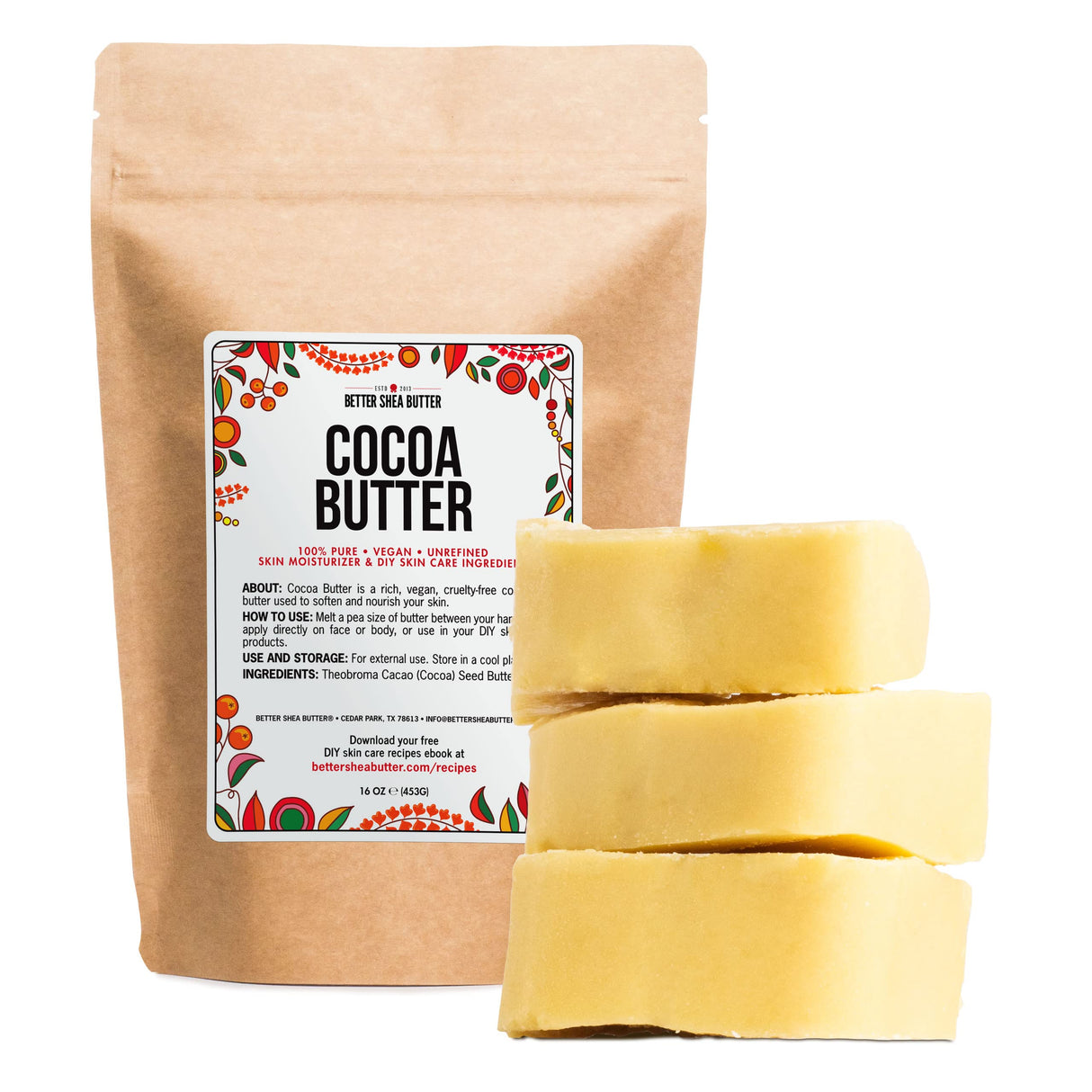Better Shea Butter Raw Cocoa Butter - Unrefined, 100% Pure, Food Grade - Use for Cocoa Lip Balm, Stretch Marks Cream, Cacao Butter Cream, Scars Oil, Whipped Lotion - Skin & Hair Moisturizer 1LB Block