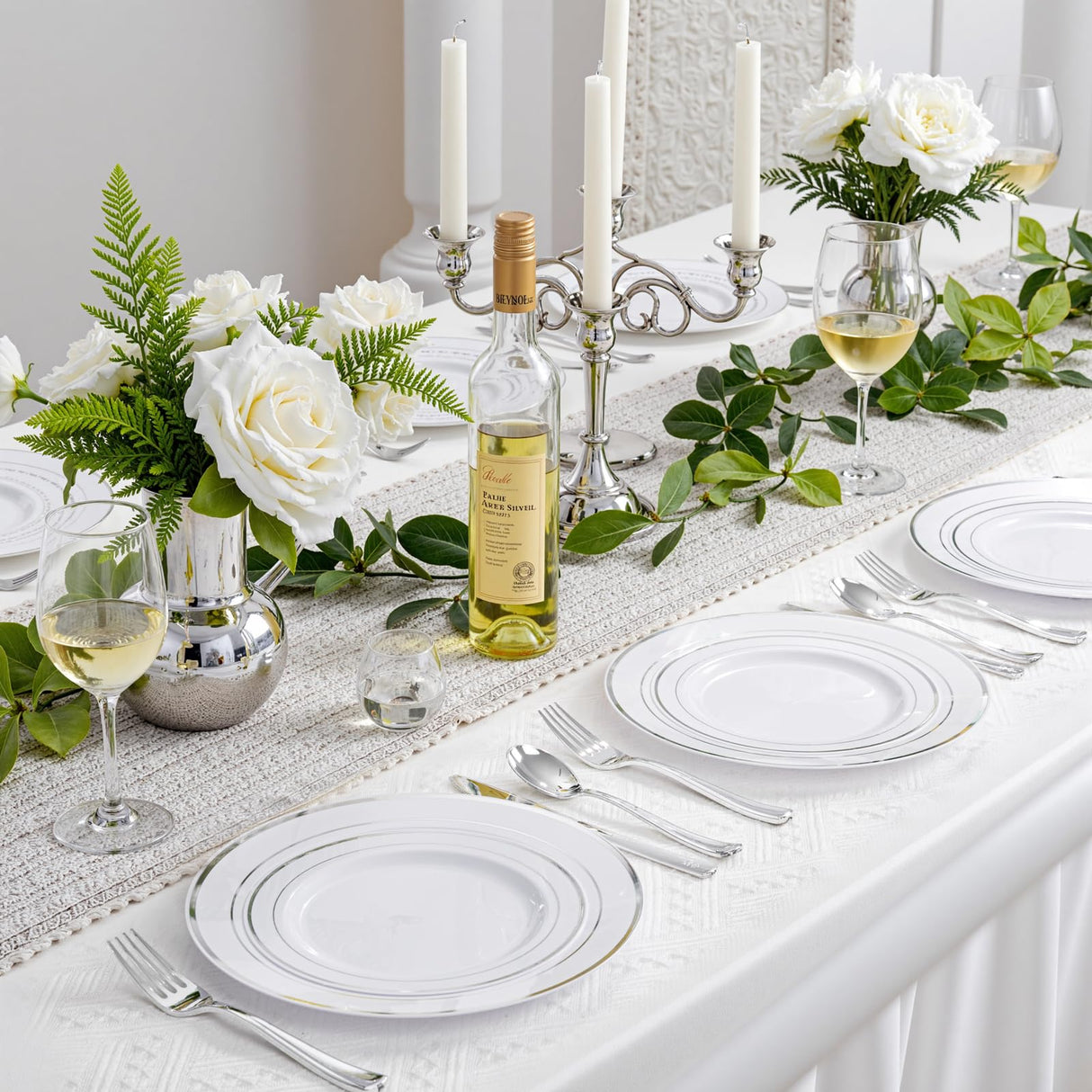 WDF Partyware 350Piece Silver Plastic Dinnerware Set for 50 Guests - Silver Plastic Plates with Cutlery Include:50Dinner Plates-50Dessert Plates-50Pre Rolled Napkins with Silverware for Christmas