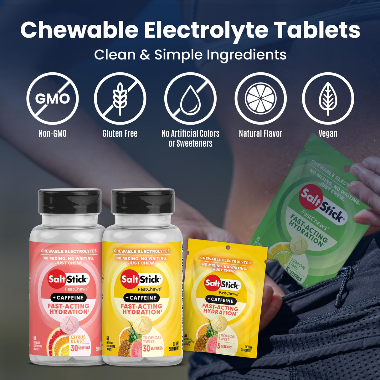SaltStick Chewable Electrolytes with Caffeine - 60 Tropical Twist Electrolyte Energy Tablets - Just Chew It, Electrolyte Energy Chews for Hydration - 60 Count