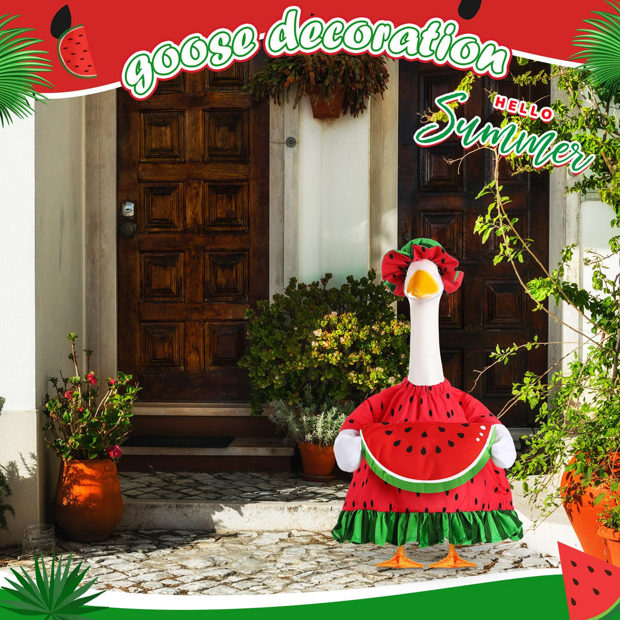Sanwuta Summer Goose Outfits for 23" Porch Goose Watermenlon Lemon Strawberry Geese Costume Outfit with Hat for Summer Garden(Watermelon)