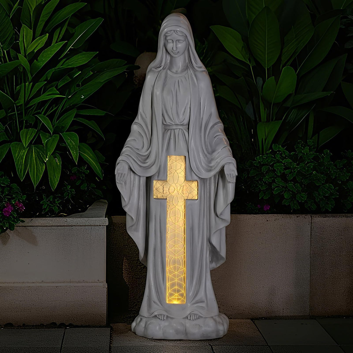 VChymm Solar Virgin Mary Praying Statue 27.9 Inch- Outdoor Religious Garden Decor with LED Lights, Weather-Resistant Magnesium Oxide Sculpture for Yard, Patio, Entryway (White Solar Virgin Mary)
