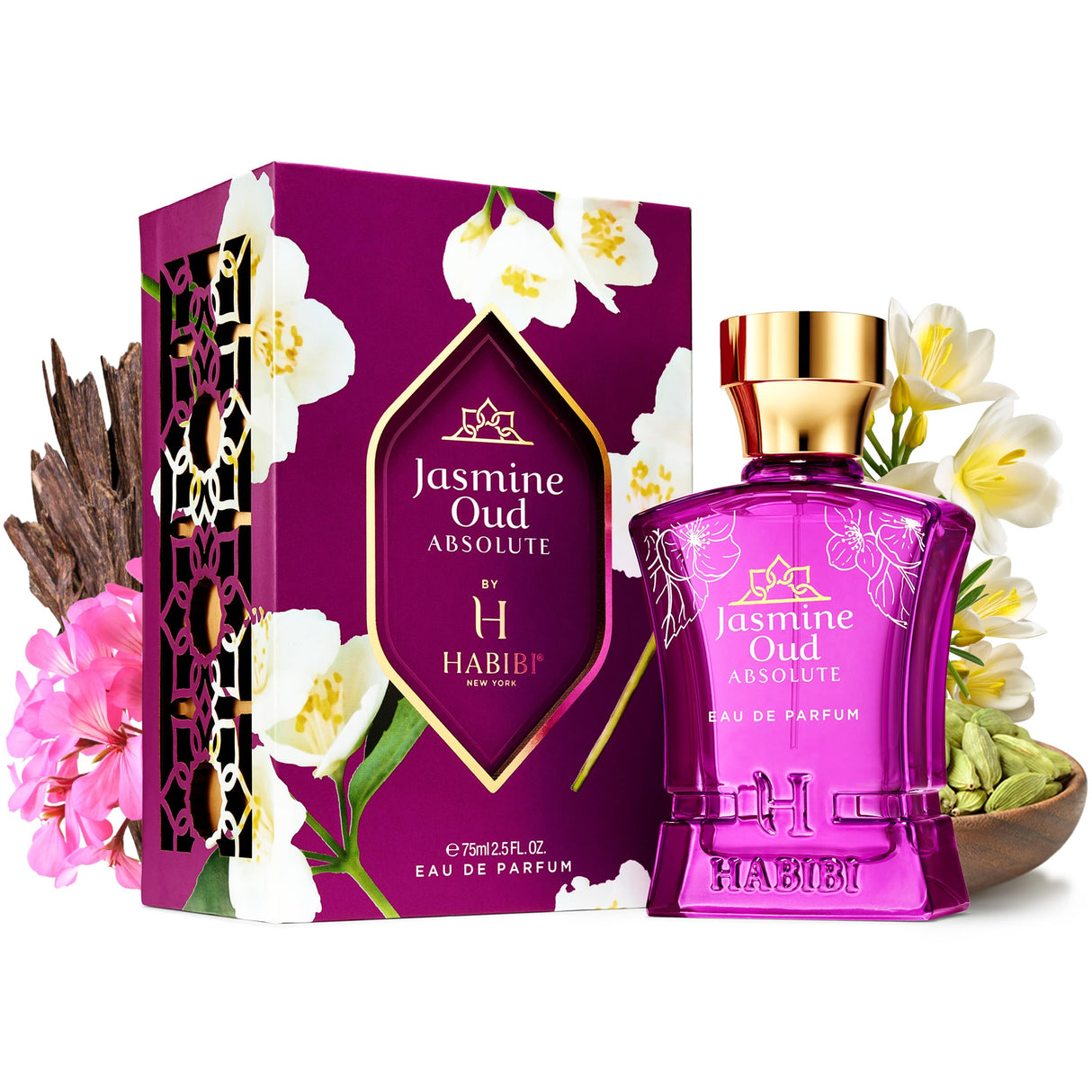 H HABIBI Jasmine Oud Absolute Arabian Oud Perfume for Women, Floral Long-Lasting Cologne For Women - Eau de Parfum (2.5 Oz) Oud Woody & Musk Perfume With Notes of Leather, Violet, Rose, & Tonka Bean