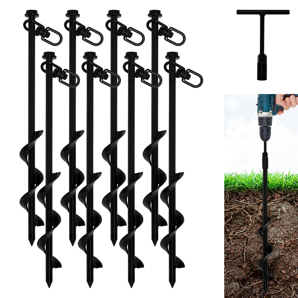 VASGOR 16” Ground Anchors (8pcs) Easy to Use with Drill, Heavy Duty Anchor Hook for Camping Tent, Canopies, Car Ports, Sheds, Swing Sets, Securing Animals – Black Powder Coated
