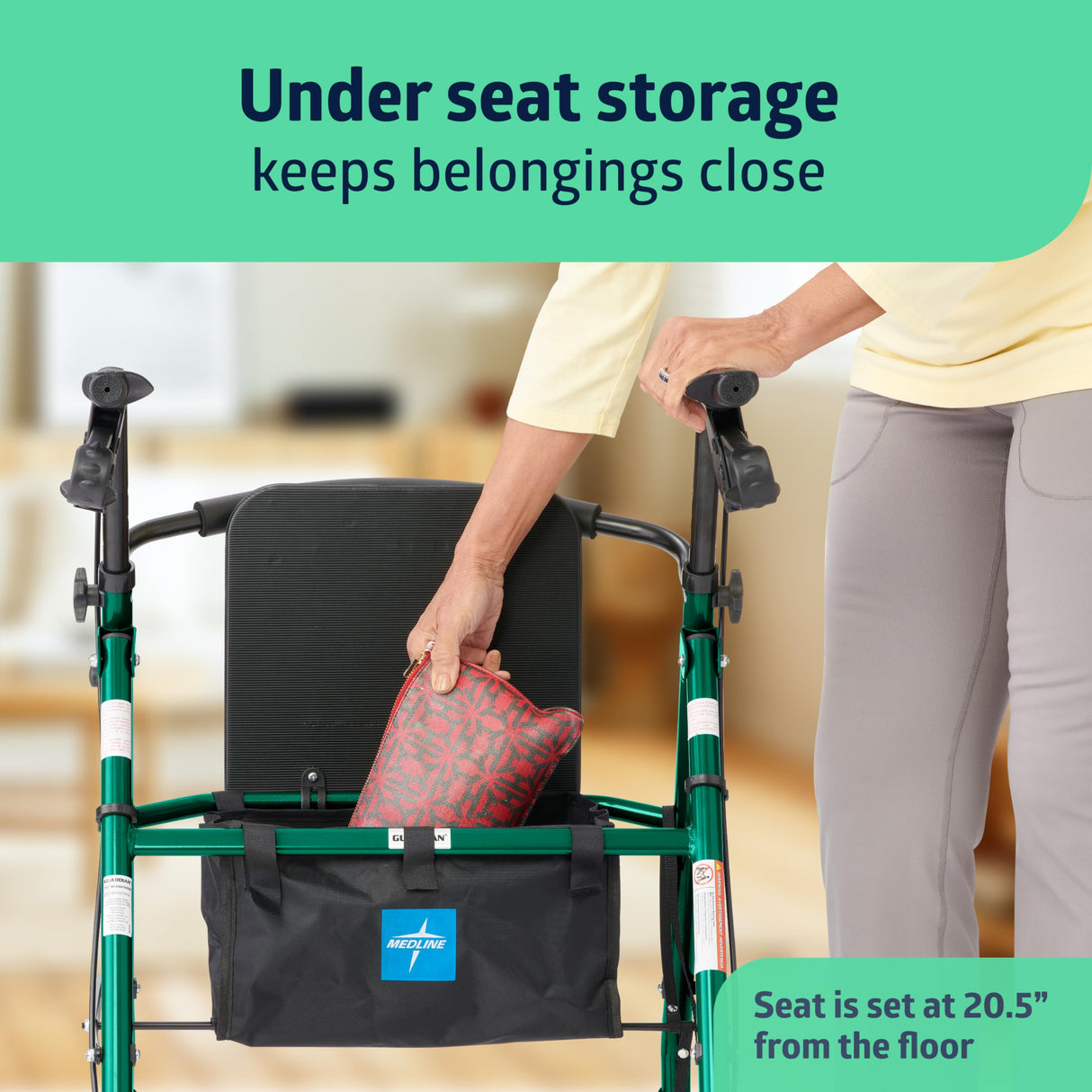 Medline Aluminum Rollator Walker with Seat, Green, 250 Lb. Weight Capacity, Lightweight, 6” Wheels, Foldable, Adjustable Handles, Rolling Walker for Seniors