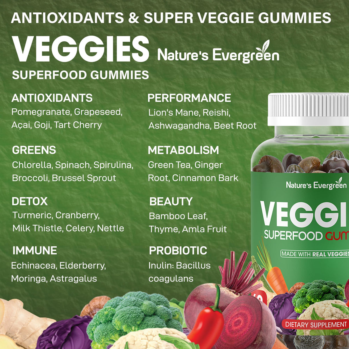 Fruits and Veggies Superfood Gummies Supplement - Fruits and Vegetables Gummy - Nature Vitamins Nutritional Balance, Vegan, Non-GMO, Gluten-Free - (Total 120 Gummies - Pack of 2) Made in USA