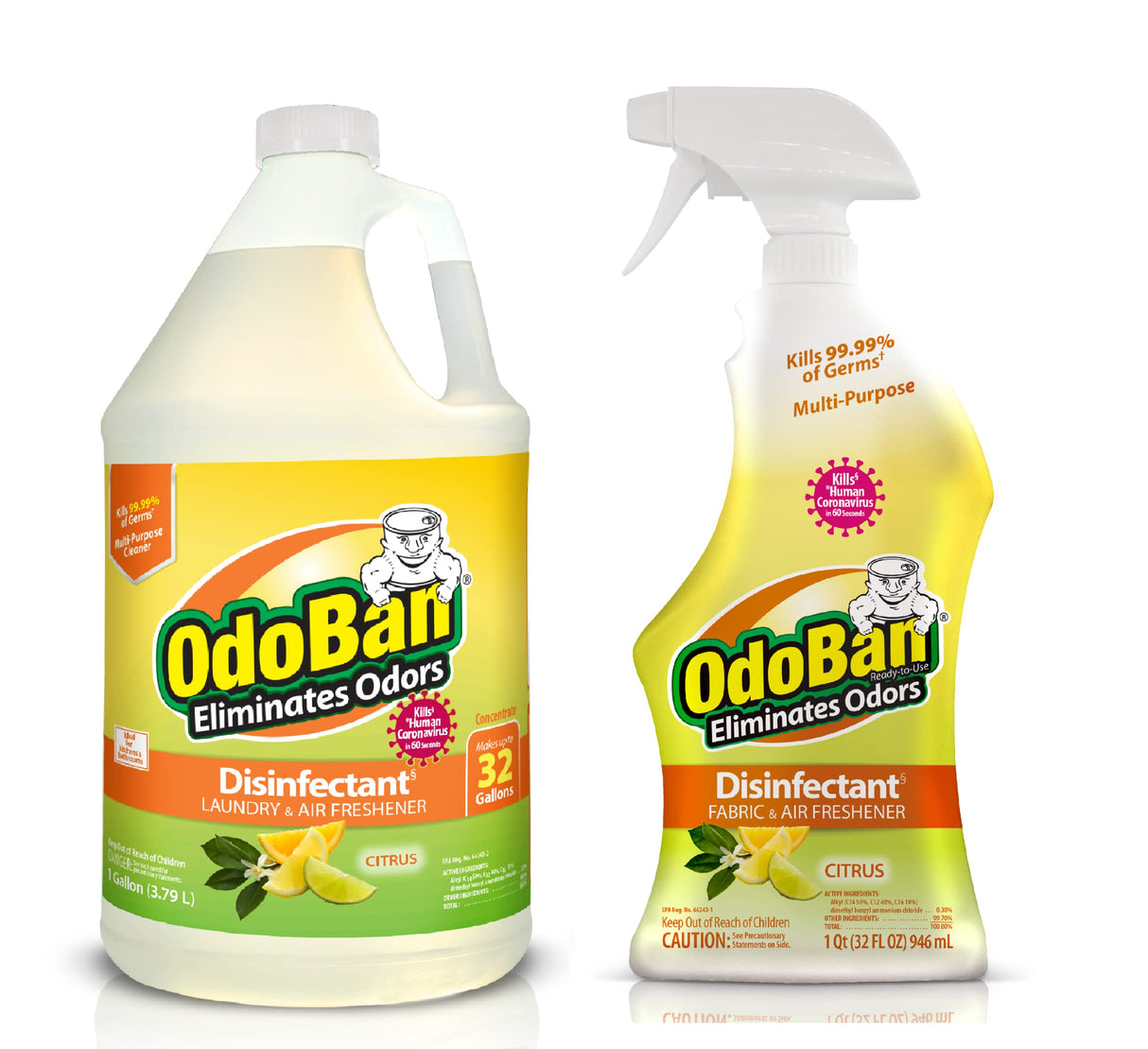 OdoBan Ready-to-Use Disinfectant and Odor Eliminator, Made in the USA, Citrus Scent, Set of 2, 32 oz Spray and 1 Gallon Concentrate
