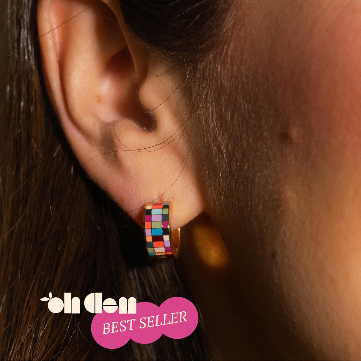 Oh Clementine Super Chunky Checkered Rainbow Huggie Hoop Adjustable Clasp Earrings for Women- 316L Stainless Steel with 18k PVD Gold Coating