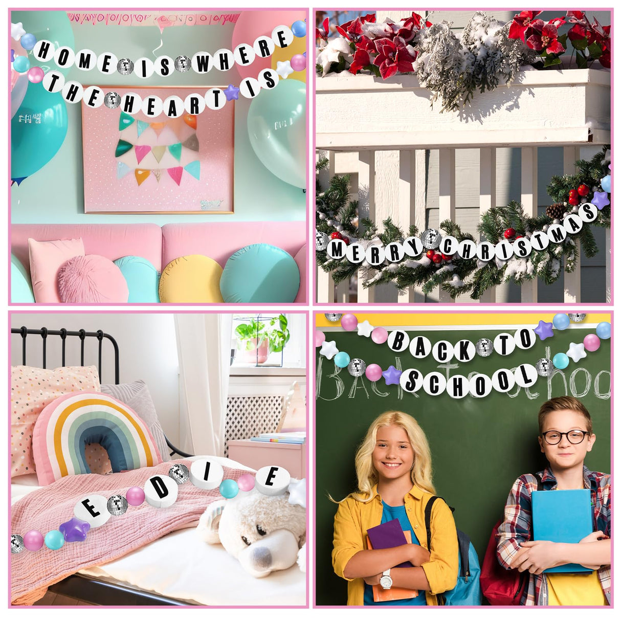 Simgoing Giant Friendship Bracelet Garland Kit, DIY Birthday Banner with Letters Ball Jumbo Customizable Friendship Bracelet Decor for Halloween Christmas Wedding Party(Macaron)