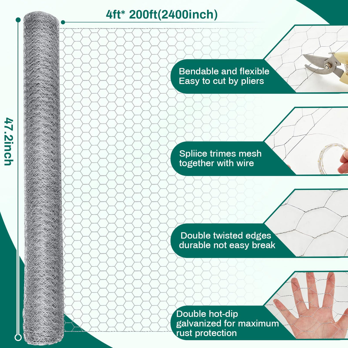 GlikCeil 48 in X 200 ft Chicken Wire Fencing Metal Floral Chicken Wire Mesh for Crafts Poultry Garden, 1 Inch Hexagonal Galvanized Hardware Cloth Netting for Poultry Coop Barrier Rabbit Cage(Silver)