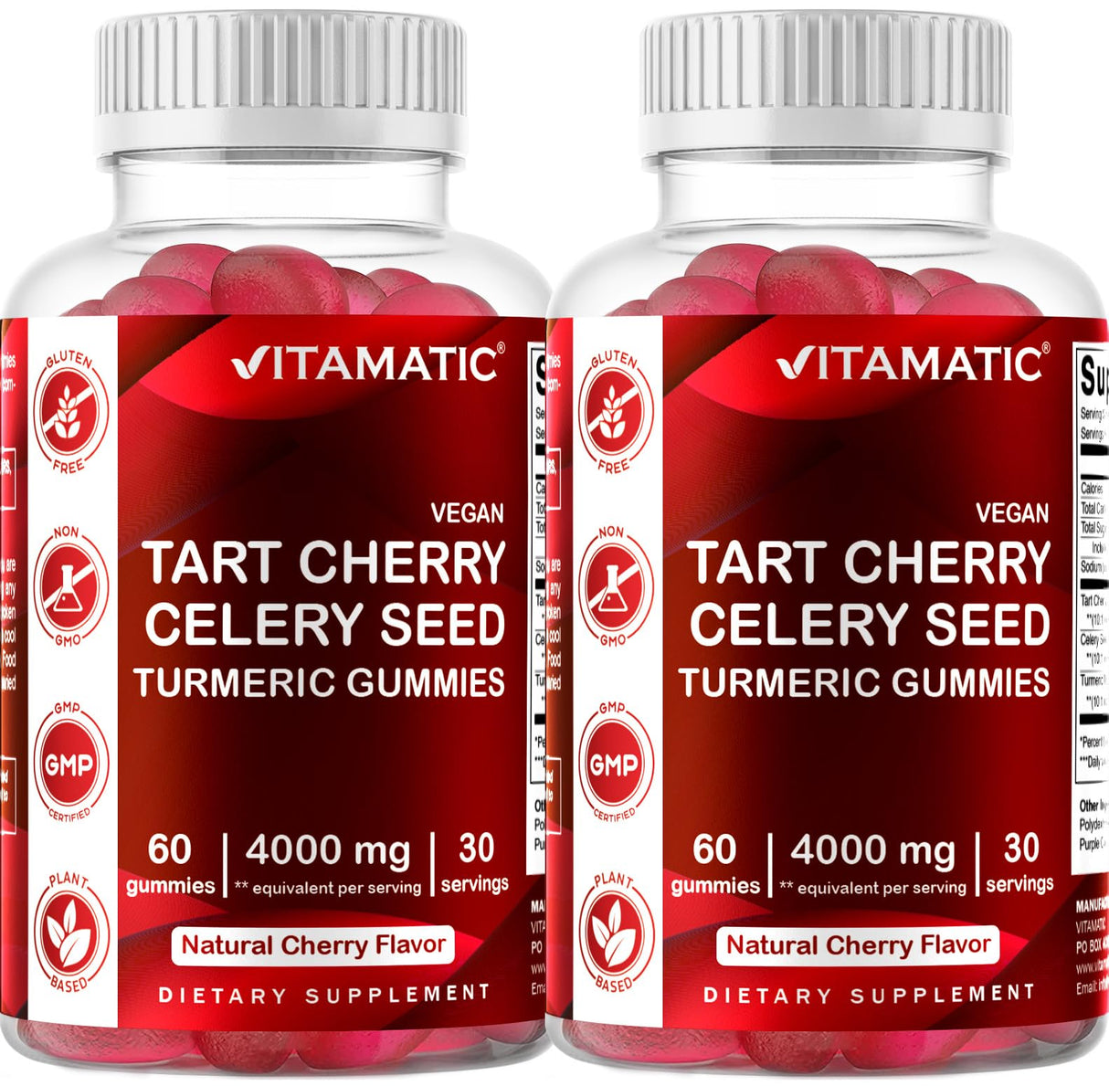 Vitamatic Tart Cherry with Celery Seed Gummies – 4000mg Equivalent Per Serving (from 10:1 Extract, 400mg) - 2-Pack
