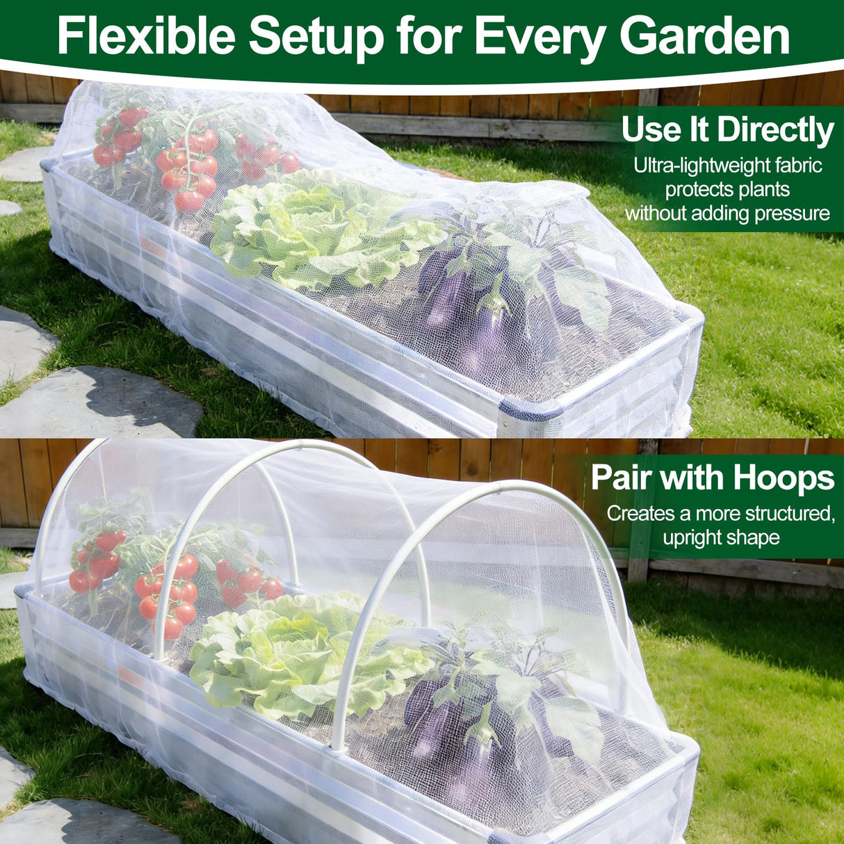 2 Pack Garden Netting for 8x4FT Raised Beds, Ultra-Fine Mesh Plant Covers with Drawstring, Bird, Pest & Small Animal Barrier for Vegetables, Fruits & Flowers