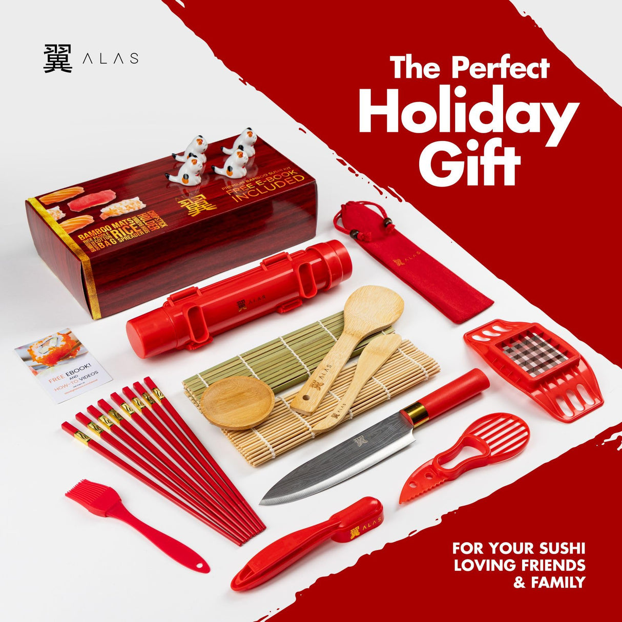 Alas Christmas Gifts Sushi Making Kit- Complete Sushi Making Kit for Beginners & Pros Sushi Makers, Perfect Sushi Making Kitchen Accessories Like Sushi Knife, 2 Sushi Mats, Rice Bazooka & More (Red)