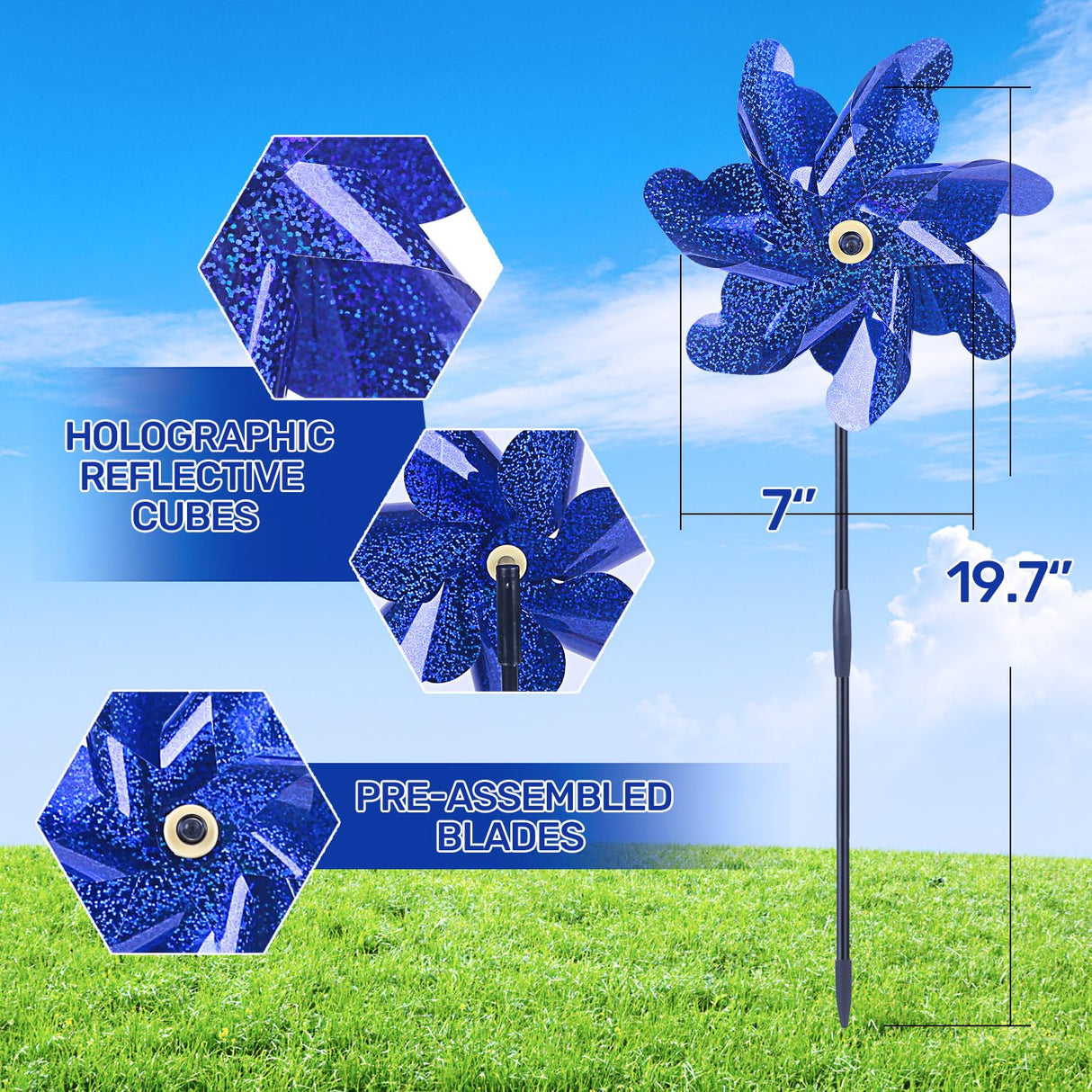 BATTIFE Reflective Pinwheels for Yard and Garden, Pre-Installed Sparkly Blind Birds Pin Wheel, Scare Birds & Animal Away Wind Spinner, 10 Pack (Blue)