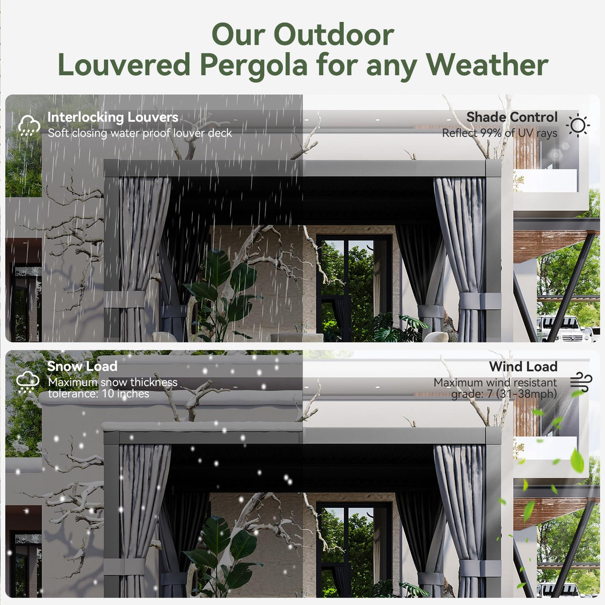 Aoxun Louvered Pergola 12x16 All-Aluminum Outdoor Gazebo with Independent Adjustable Roofs, Waterproof Curtains and Netting, Integrated Drainage System for Patios & Backyard