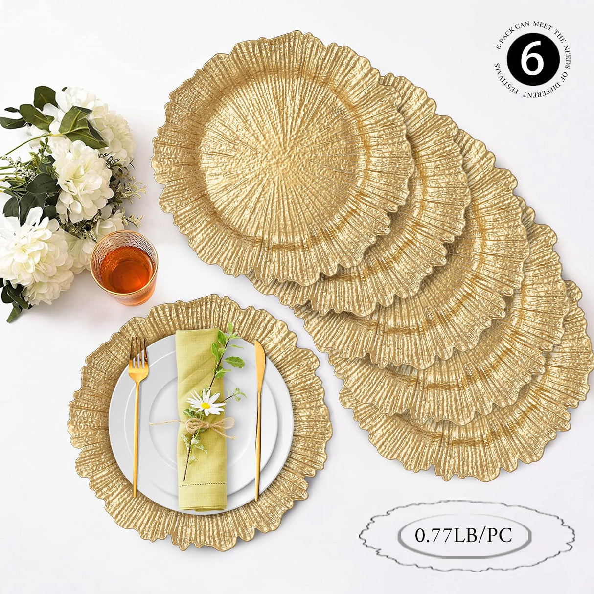 MAONAME Round 13" Gold Charger Plates, Set of 6, Reef Plate Chargers for Dinner Plates, Plastic Table Chargers for Wedding, Thanksgiving, Christmas