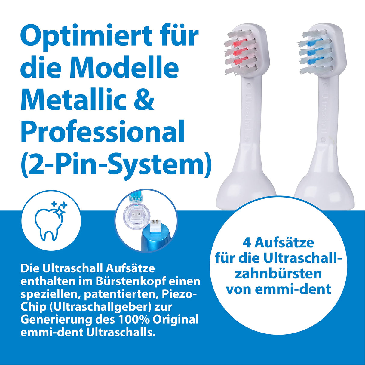 Emmi-dent Metallic/Professional 2-Pin Bristle-Head Attachments - Electric Toothbrush Replacement Heads. Cleans with Ultrasound Waves (Kids 4 Pack)