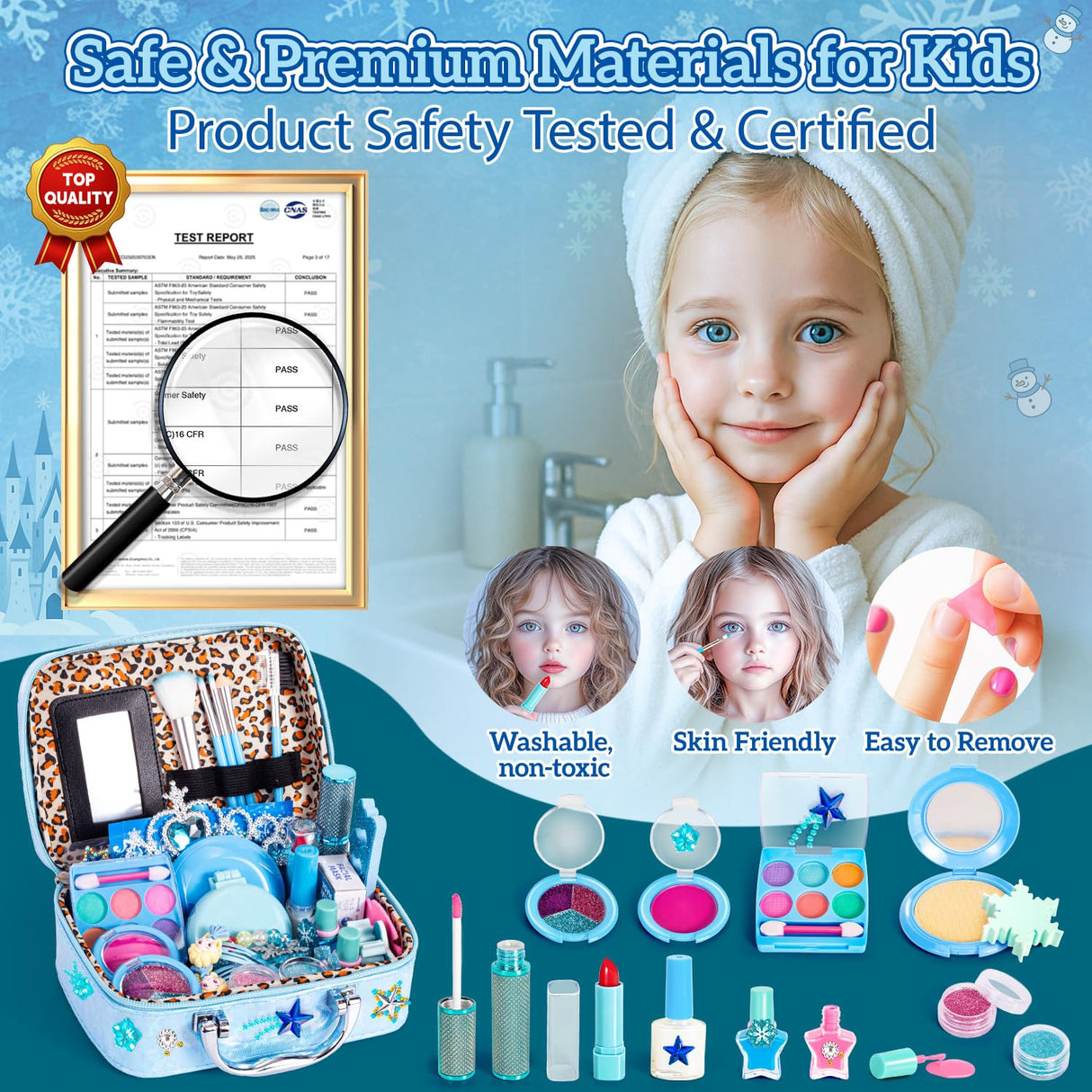 Hohosunlar Kids Makeup Set for Girls Toys, 34Pcs Washable Princess Frozen Make Up Kit w/ Dress Up Accessories, Christmas Birthday Princess Gifts Toys for Girls Kids Toddlers Age 3 4 5 6 7 8 9 10 11 12