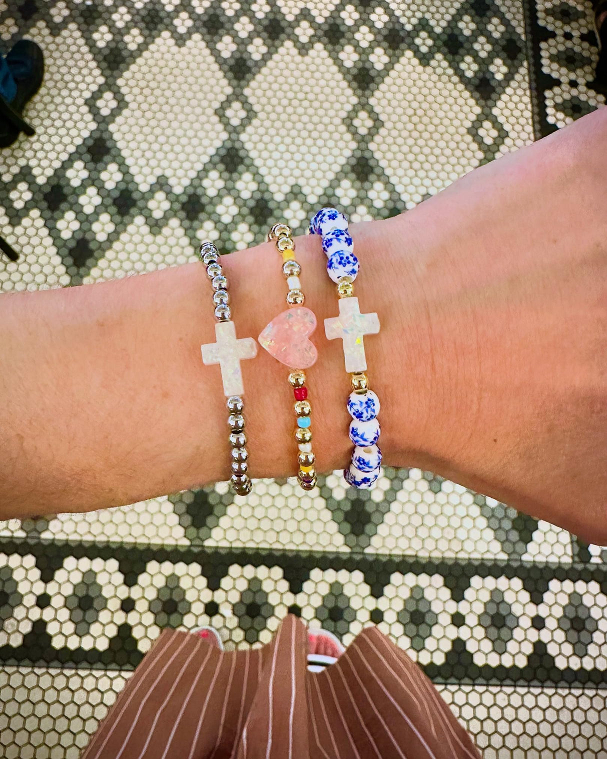 Holy Water Porcelain Cross Bracelet in Silver, Blue Floral Beads, Women